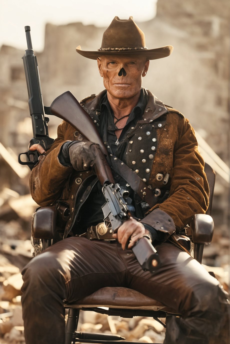 falloutcinematic, solo, 1boy, rotten ghoul, undead, cowboy hat, amputated arm, ammo shoulder strap, jacket, brown pants, seated in leather chair, holding weapon, pointing weapon at viewer, rifle, bokeh, rubble, outdoors, , solo, realistic