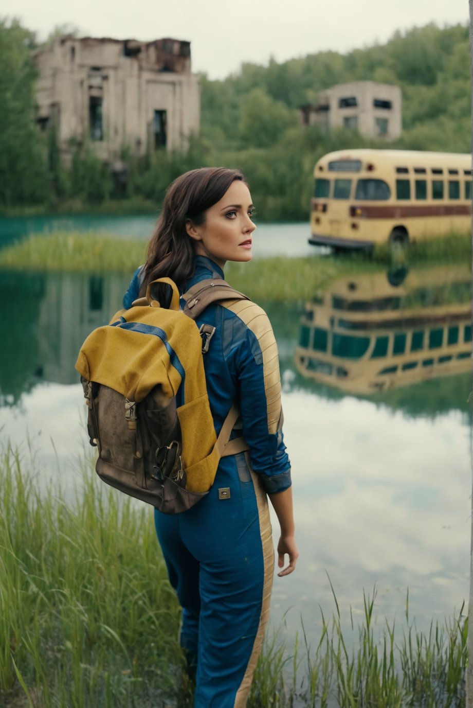 falloutcinematic, Lucy MacLean, vault dweller jumpsuit, fawn, grass, at edge of lake, flooded building exteriors, abandoned bus, outdoors, backpack, , ground vehicle, realistic