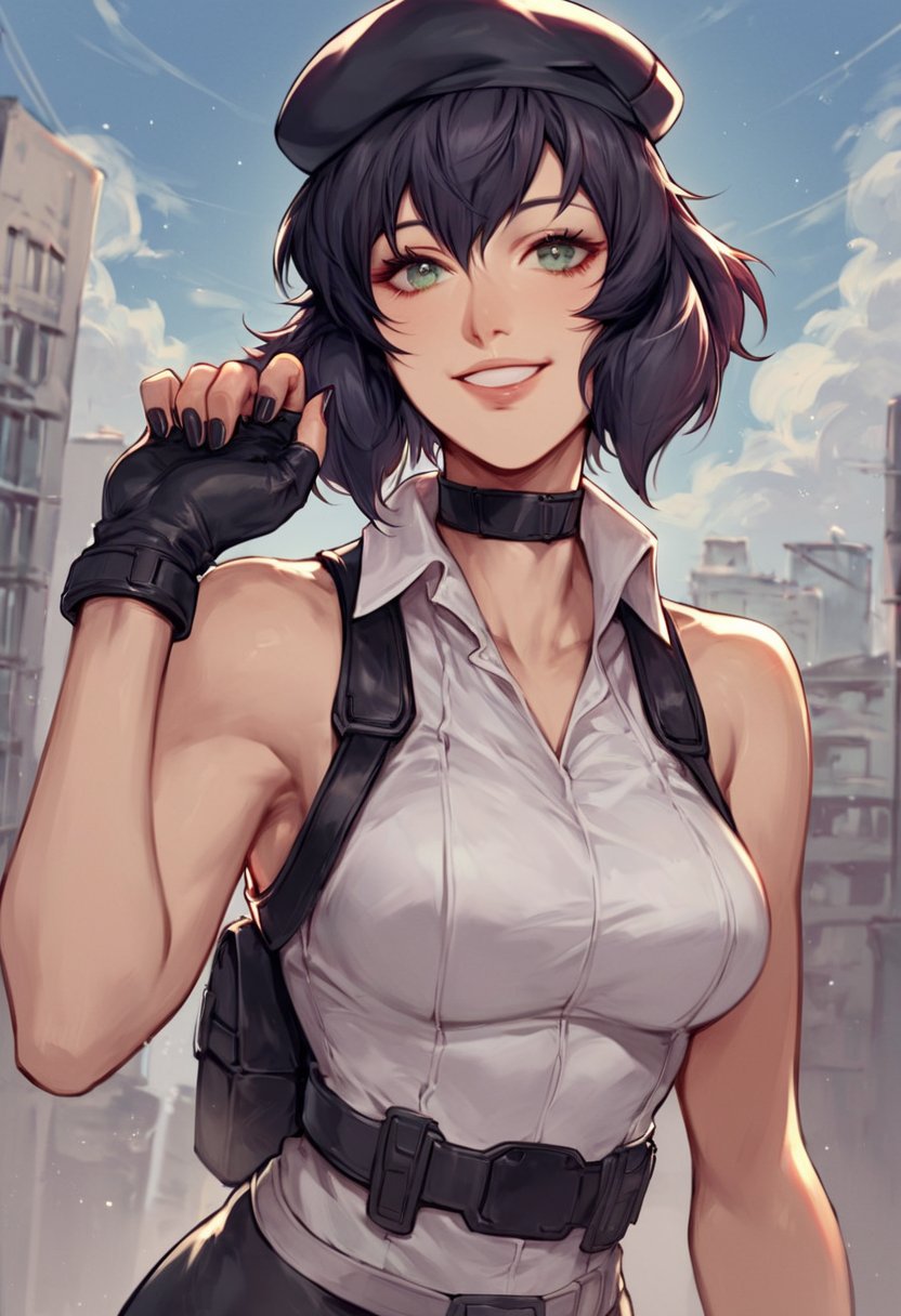 score_9_up, score_8_up, score_7_up, score_6_up, 1 girl, solo, anime source, generation 9, purple and black hair, green eyes, makeup, smile, black beret, white dress shirt, sleeveless, black sleeved gloves with straps, black skirt, choker with padlock, black nails, fingerless gloves,(City from Pokmon), (Marie outfit from Persona 4 Golden), (motoko kusanagi haircut from ghost in the shell)