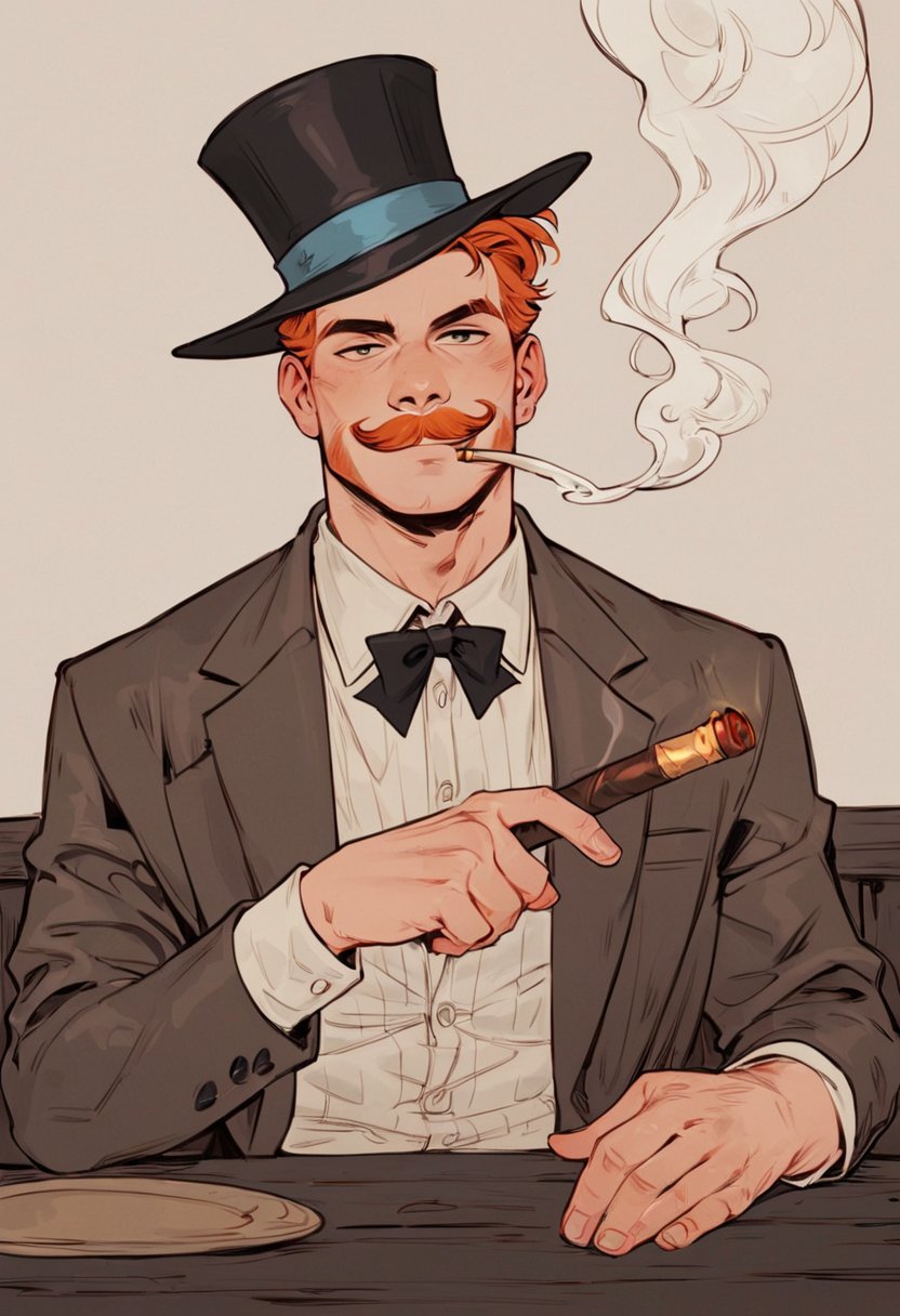 score_9_up, score_8_up, score_7_up, score_6_up, best quality, masterpiece, perfect face, perfect mouth, perfect teeth, perfect hands, a male human wearing a well tailored brown suit sitting in a tavern, brown suit, wearing a monocle, wearing a top hat, ginger mustache, smug, smoking a cigar, smoke engulfing him