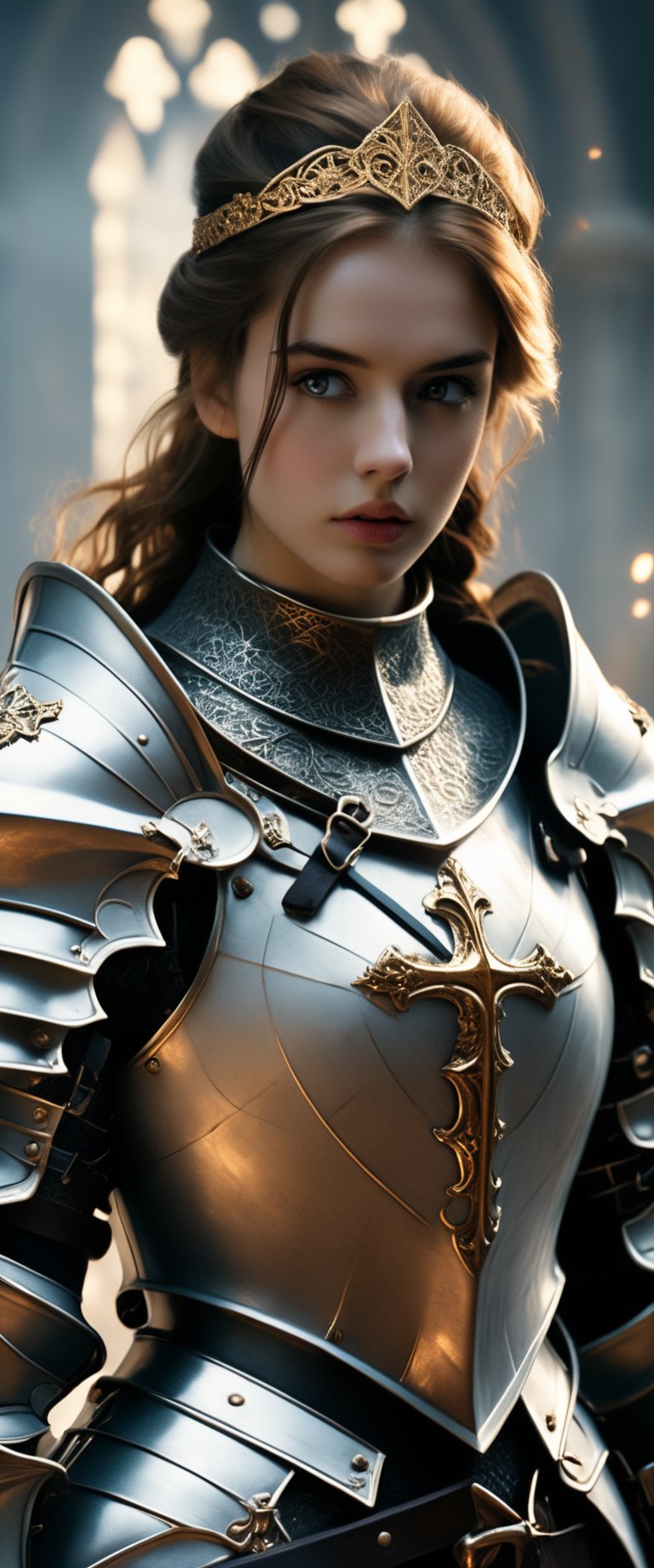 Full body. A girl wearing black armor in the ornate gothic style, pauldron, metallic collar, knight armor, golden filigree, holding sword, white glowing sword, flaming sword, battle_stance. A 17-years-old ethereal breathtakingly glamorous  girl, , hairband, slim and tall perfect model body, An ethereal beautiful face with v-shaped jawline, bright eyes, almond-shaped eyes, translucent skin texture, porcelain skin tone. Adorned with christian symbols accentuating her high status as an inquisitor. The best warrior of inquisition. award-winning, hyperrealistic:1.2, realistic, raw photo, warrior, photo_b00ster, glowing sword, ct-fujiii, ct-eujiiin,Movie Still,Cinematic ,more detail XL,ct-jeniiii