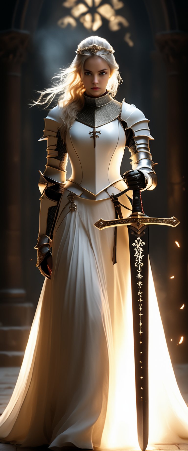 Full body. A girl wearing black armor in the ornate gothic style, pauldron, metallic collar, knight armor, golden filigree, holding sword, white glowing sword, flaming sword, battle_stance. A 17-years-old ethereal breathtakingly glamorous japanese girl, white hair, hairband, slim and tall perfect model body, An ethereal beautiful face with v-shaped jawline, bright eyes, almond-shaped eyes, translucent skin texture, porcelain skin tone. Adorned with christian symbols accentuating her high status as an inquisitor. The best warrior of inquisition. award-winning, hyperrealistic:1.2, realistic, raw photo, warrior, photo_b00ster, glowing sword, ct-fujiii, ct-eujiiin,Movie Still,Cinematic ,more detail XL