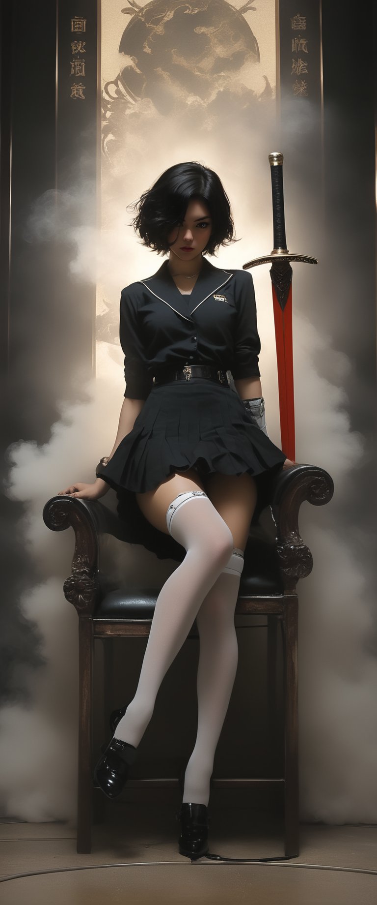 1 woman, black sailor school uniform, sitting in a chair holding a sword, short hair, masterpiece, absurdes, chiarosaurio, mucha, sexy pose, tense athmosfere, detailed background,Short skirt with white over-the-knee stockings, garter belt on calf, sensual and sexy, cyberpunk new tokyo yakuza ambient background with ambient smoke, inside, ct-fujiii,ct-jeniiii
