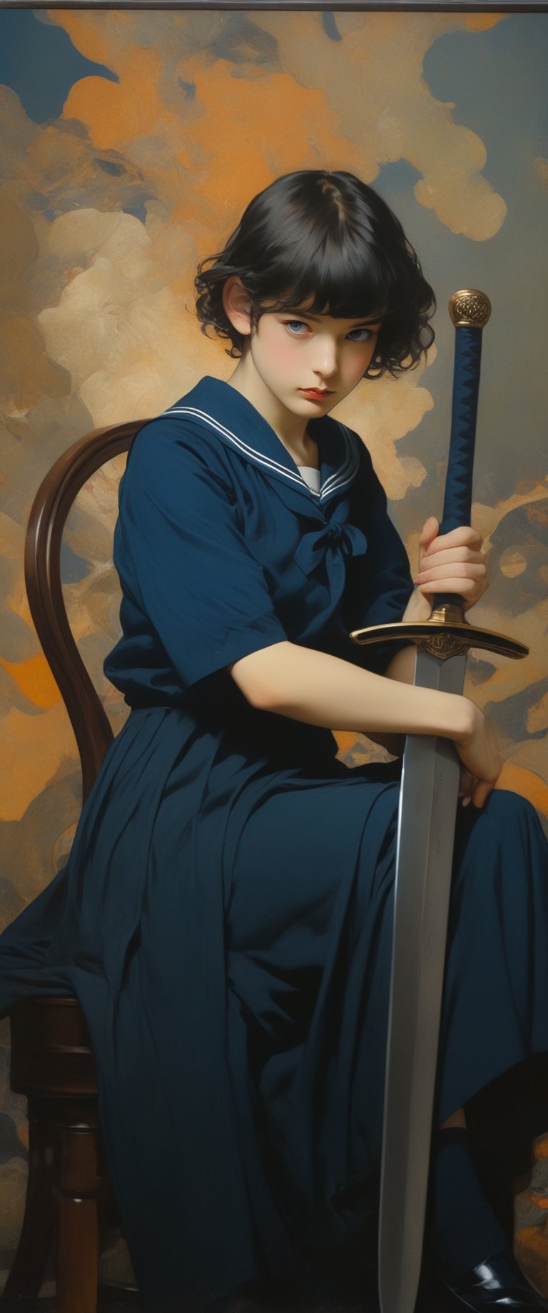 dark blue sailor school uniform, sitting in a chair holding a sword, short hair, masterpiece, absurdes, chiarosaurio, mucha, sexy pose, tense athmosfere, detailed background,