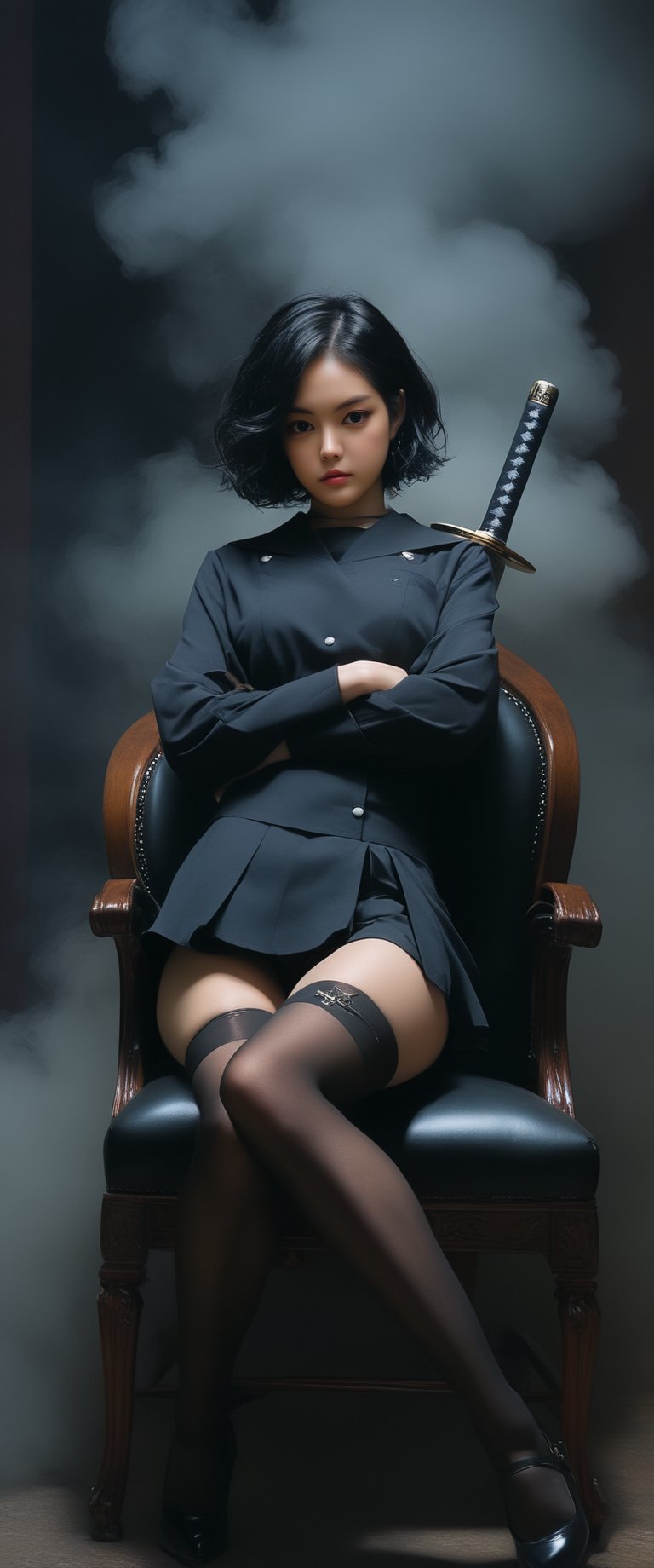 1 woman, black sailor school uniform, sitting in a chair holding a sword, short hair, masterpiece, absurdes, chiarosaurio, mucha, sexy pose, tense athmosfere, detailed background,Short skirt with white over-the-knee stockings, garter belt on calf, sensual and sexy, cyberpunk new tokyo yakuza ambient background with ambient smoke, inside, ct-fujiii,ct-jeniiii