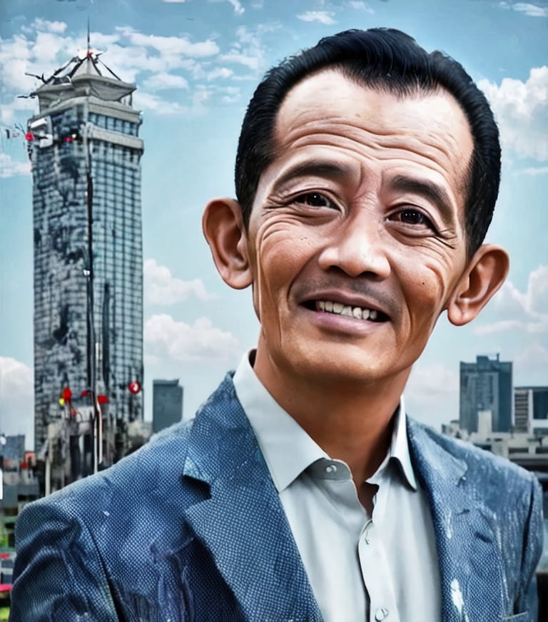 create a hyper realistic vertical photo of Indonesia happy man in her 60s, short hair, trending on artstation, portrait, digital art, modern, sleek, highly detailed, formal, determined, blue business suit