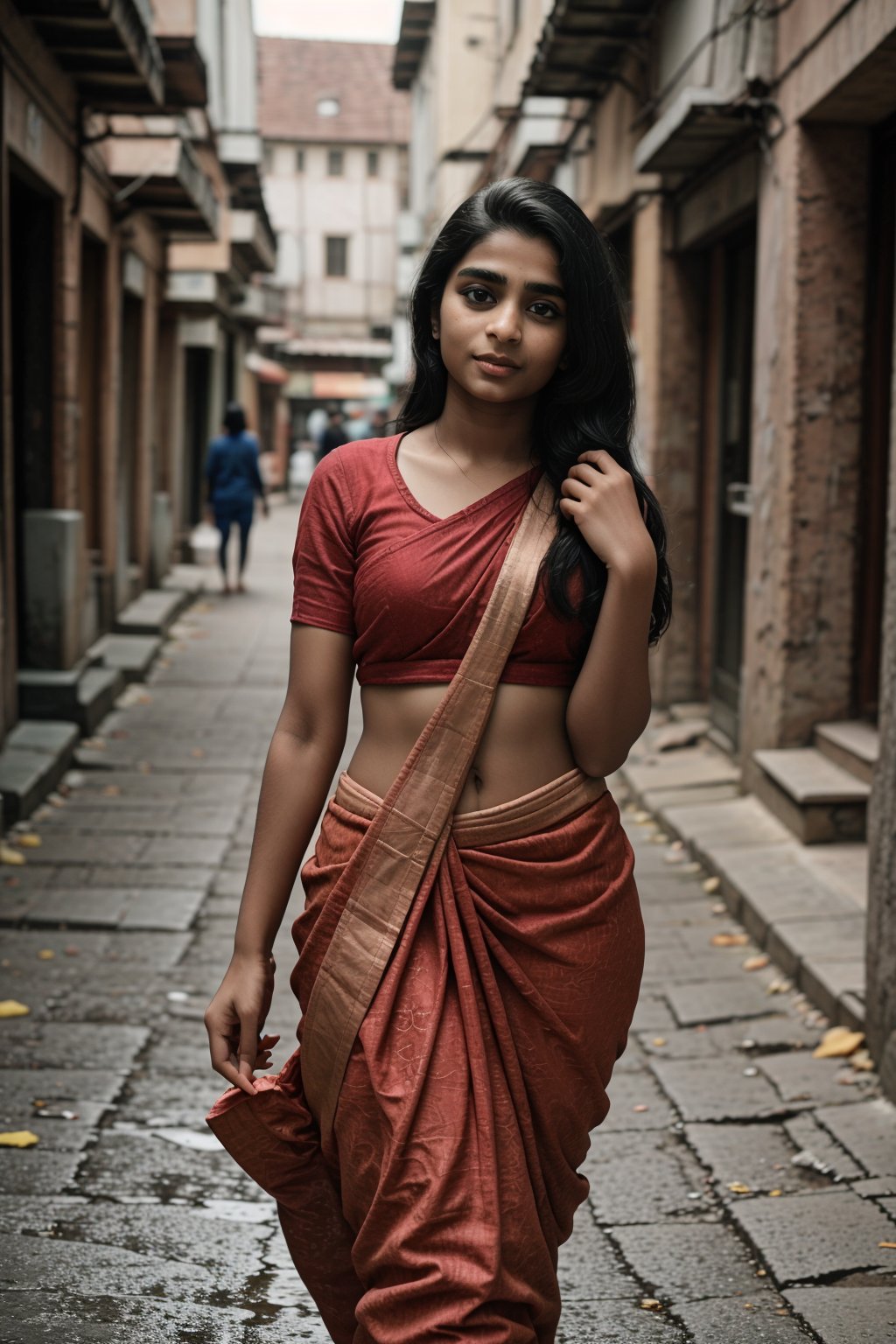 Indian beautiful girl, walking on street, 
 This breathtaking photograph, shot on a Canon 1DX with a 50 mm f/2.8 lens, beautifully showcases the raw and authentic beauty of life. high resolution 8k image quality,Saree,Tamil girl