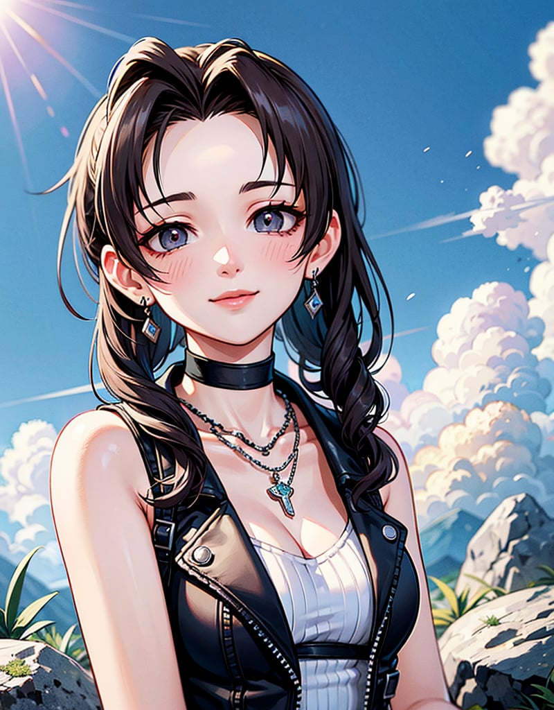 masterpiece, best quality, ultra-detailed, absurdres, Portrait of beautiful Aerith Final Fantasy VII, asian girl, solo, small eyes, black hair, earrings, jewelry, smile, red vest, cloud, sky, day, outdoors, necklace, rock,volumetric lighting, best quality, masterpiece, intricate details, tonemapping, sharp focus, hyper detailed ,AerithFF