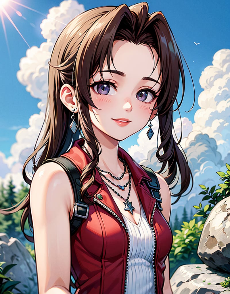 masterpiece, best quality, ultra-detailed, absurdres, Portrait of beautiful Aerith Final Fantasy VII, solo, small eyes, black hair, earrings, jewelry, smile, (((red vest))), cloud, sky, day, outdoors, necklace, rock,volumetric lighting, best quality, masterpiece, intricate details, tonemapping, sharp focus, hyper detailed ,AerithFF