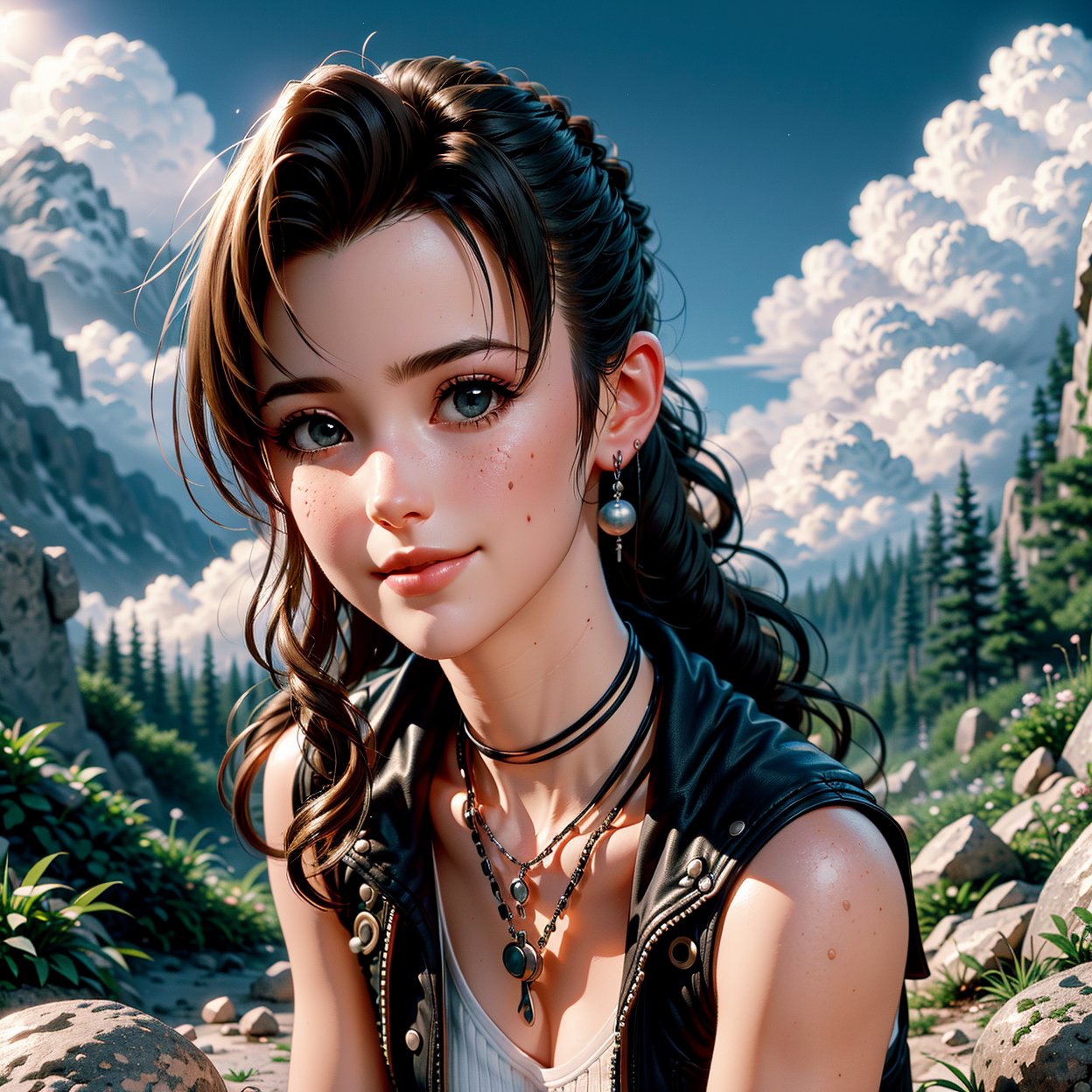 realistic anime Portrait of beautiful Aerith Final Fantasy VII sitting on rock, solo, small eyes, black hair, earrings, jewelry, necklace, smile, vest, cloud, sky, day, outdoors, rock, forest, masterpiece, best quality, ultra-detailed, absurdres,  volumetric lighting, best quality, masterpiece, intricate details, tonemapping, sharp focus, hyper detailed, trending on Artstation, Toriyama Akira style sketching, AerithFF