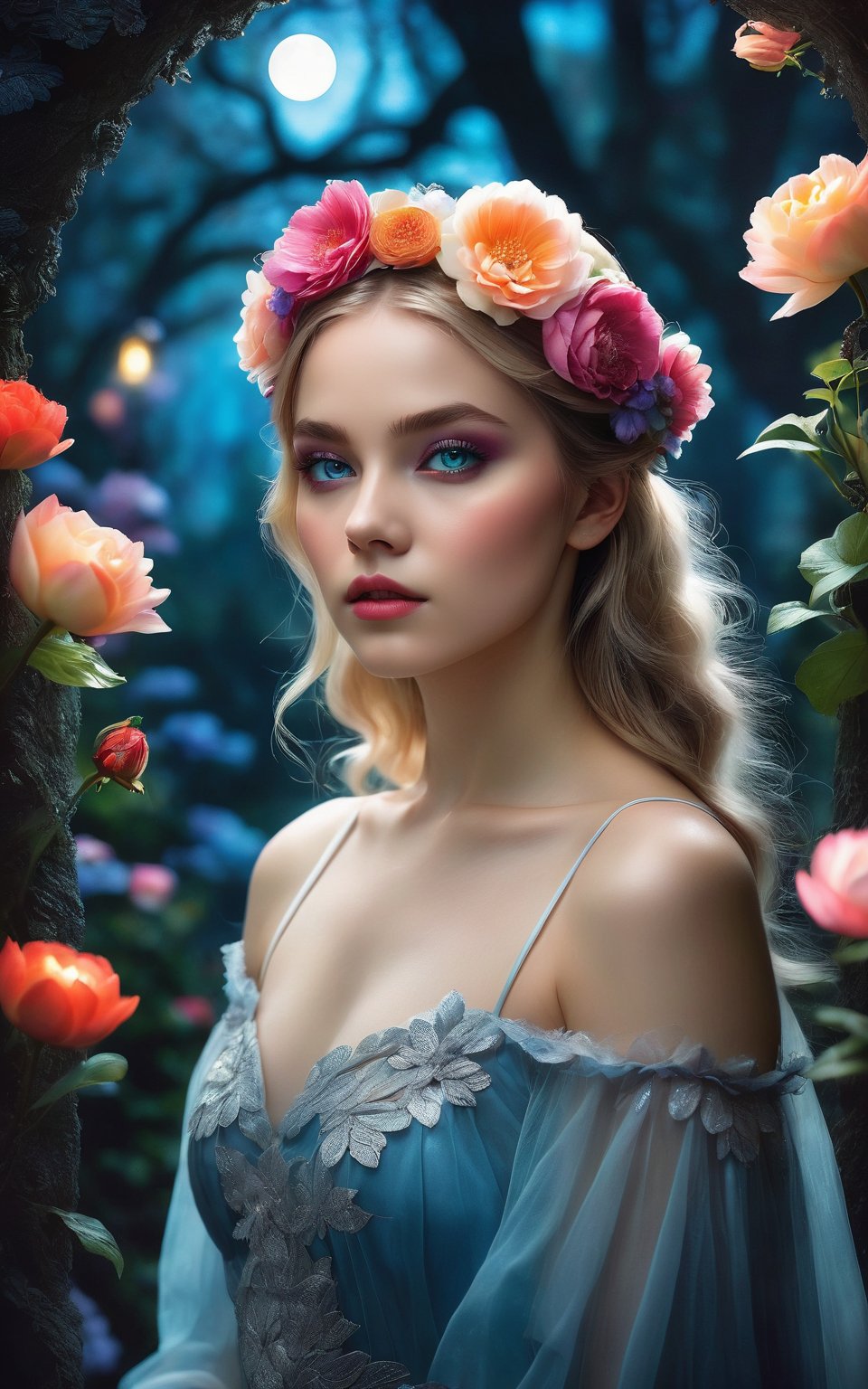 (best quality,8K,highres,masterpiece), ultra-detailed, 1girl with flower crown and icy blue eyes set within a moonlight garden. The scene is characterized by dark shadows and glowing elements, creating a contrast between light and dark. The girl's eyes shimmer with an otherworldly glow, reflecting the moonlight and adding to the ethereal atmosphere of the garden. Bright colors punctuate the scene, drawing attention to the vivid lighting and creating a sense of magic and enchantment. The dark background enhances the contrast, allowing the girl and her surroundings to stand out against the backdrop of the night garden. Feel free to add your own creative touches to further enhance the beauty and mystique of this captivating scene.