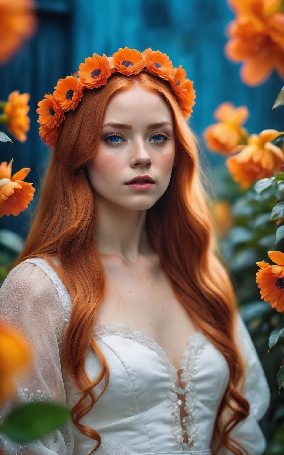 (best quality, 4k, 8k, highres, masterpiece:1.2), ultra-detailed, (realistic, photorealistic, photo-realistic:1.37),hyper realistic, 1girl,long hair,looking at viewer,realistic proportions,blue eyes,hair ornament,dress,very long hair,flower,red hair,parted lips,necklace,white dress,orange hair,lips,blurry background,freckles,realistic,head wreath,orange flower,realistic portrait