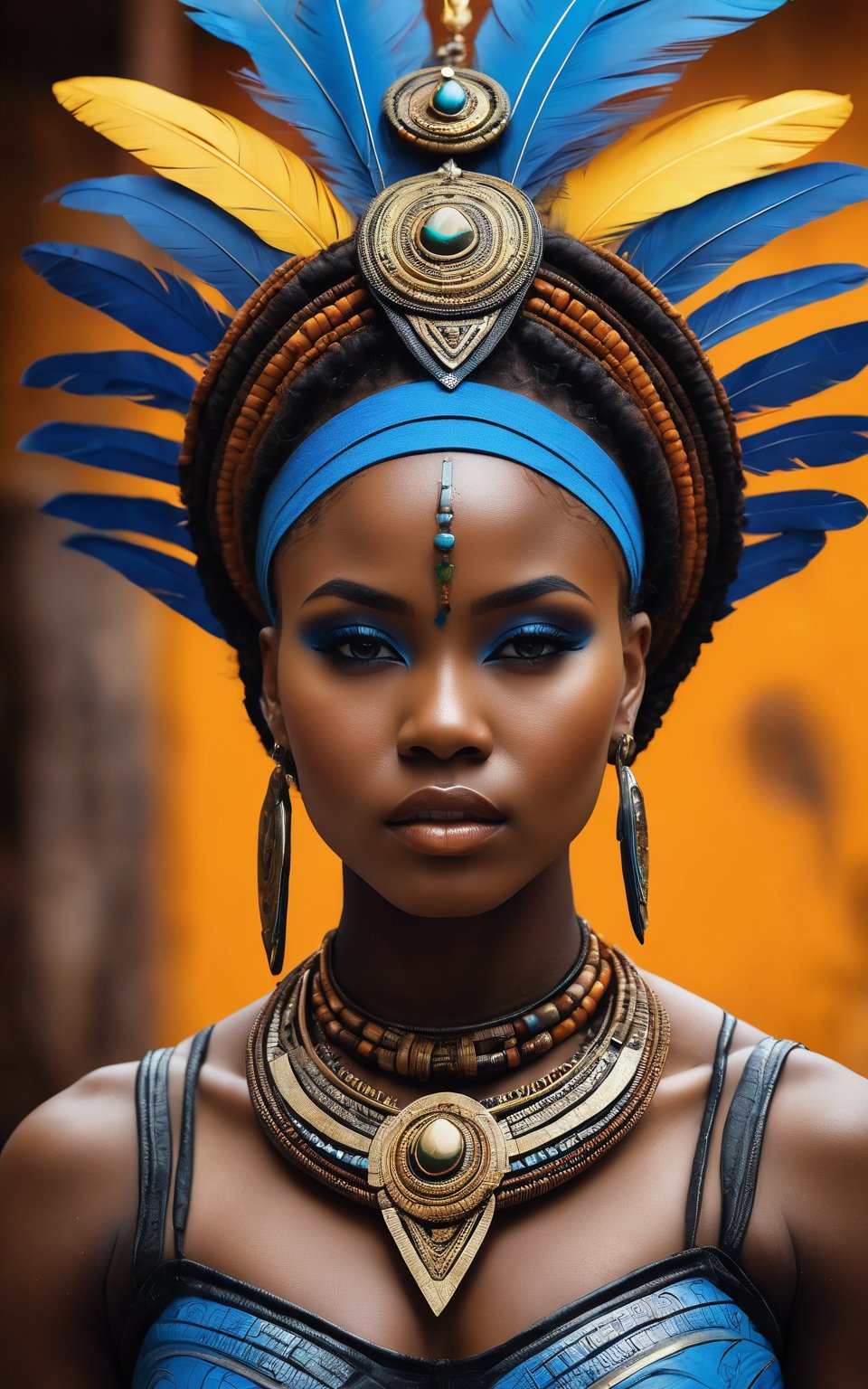 (best quality,8K,highres,masterpiece), ultra-detailed, (medium shot of the most beautiful African girl of the universe), a stunning African girl with a tribal and wild aesthetic. She has a black coal skin texture surface, giving her an exotic and alluring appearance. Adorned in futuristic leather armor and tribal clothes, she wears tribal necklaces adorned with blue feathers, adding to her majestic presence. The medium shot captures her beauty and strength, showcasing her confident and regal demeanor. Feel free to add your own creative touches to enhance the tribal and futuristic elements, as well as the overall beauty of this captivating portrait.
