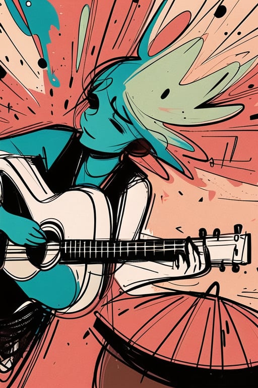A whimsical cartoon illustration of a woman playing an acoustic guitar, rendered with bold, clean outlines and simple shapes, her form and features exaggerated in an endearing, stylized manner, fingers plucking at illustrated strings, surrounded by dynamic musical notes and symbols dancing playfully around her in a vibrant, high-contrast color palette creating an energetic, rhythmic composition,YunQiuLineArt01