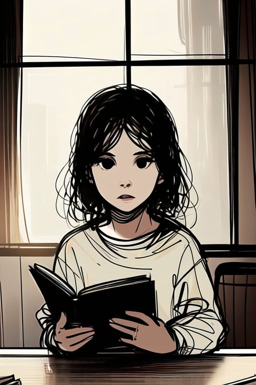 1girl,read book,YunQiuLineArt01