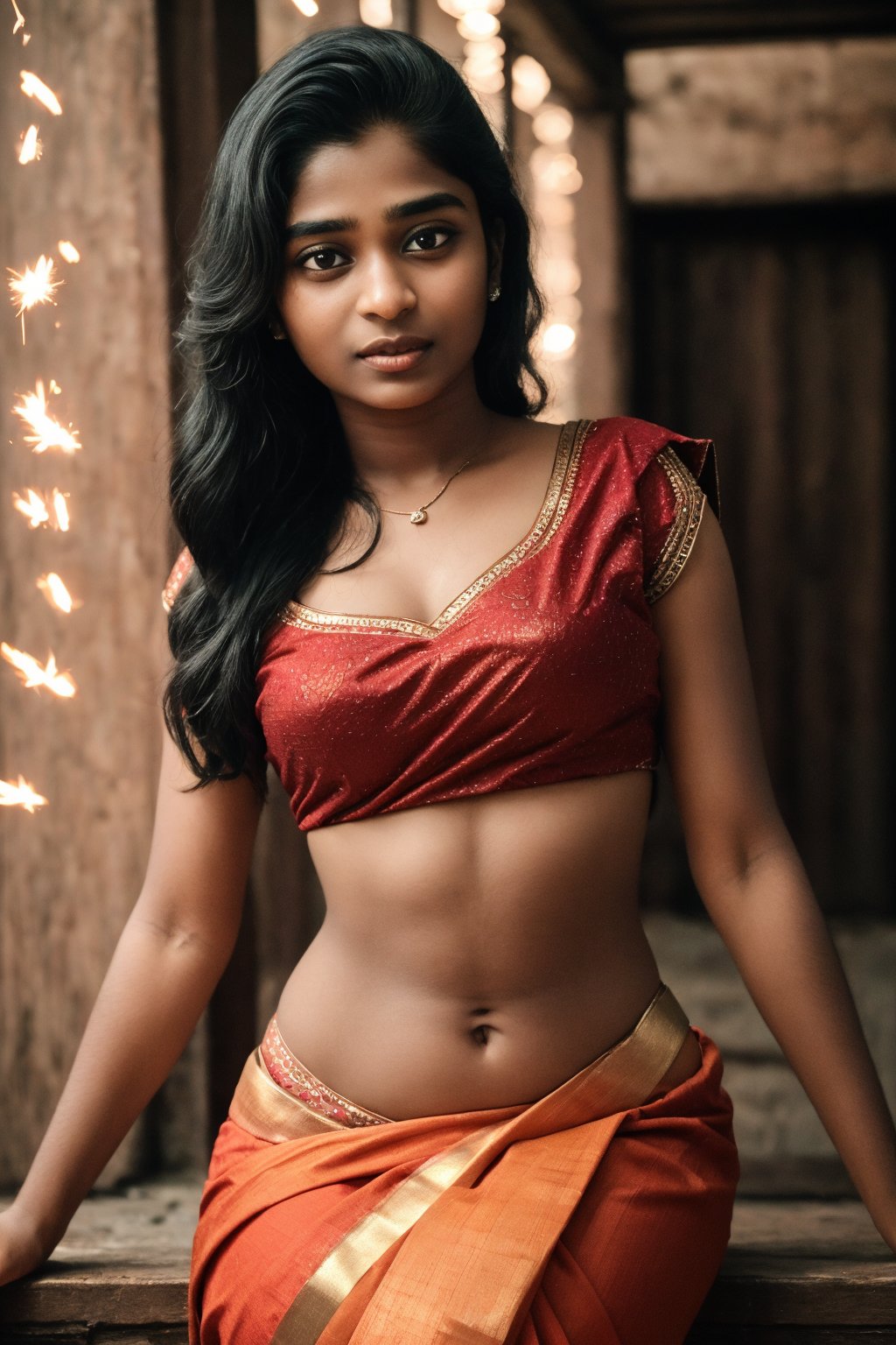 Raw photo of (18yo Kerala Beautiful young woman:1.1, thin waist, (best quality, highres, ultra-detailed:1.2), This breathtaking photograph, shot on a Canon 1DX with a 50 mm f/2.8 lens, beautifully showcases the raw and authentic beauty of life. high resolution 8k image quality, vibrant colors, glowing dimond, glowing eyes, realistic Raw photo, realistic lighting, traditional Red saree,  exotic beauty, mesmerizing eyes, girl ,Thrissur,Mallu,Saree,Muscular female body,Light particles,Light particles and spark,1 girl,Trans girl,Hourglass figure,photorealistic,Tamil girl