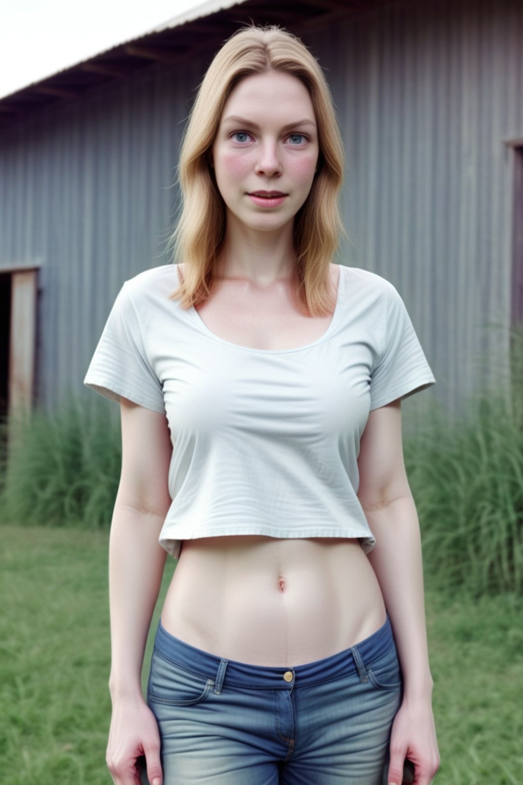 woman, closeup, sandals, (shirt), pants, (farm with barn), ZMXLtammy, wide shoulders, (contact iris: 1.1), pale skin, skin pores , depth of field