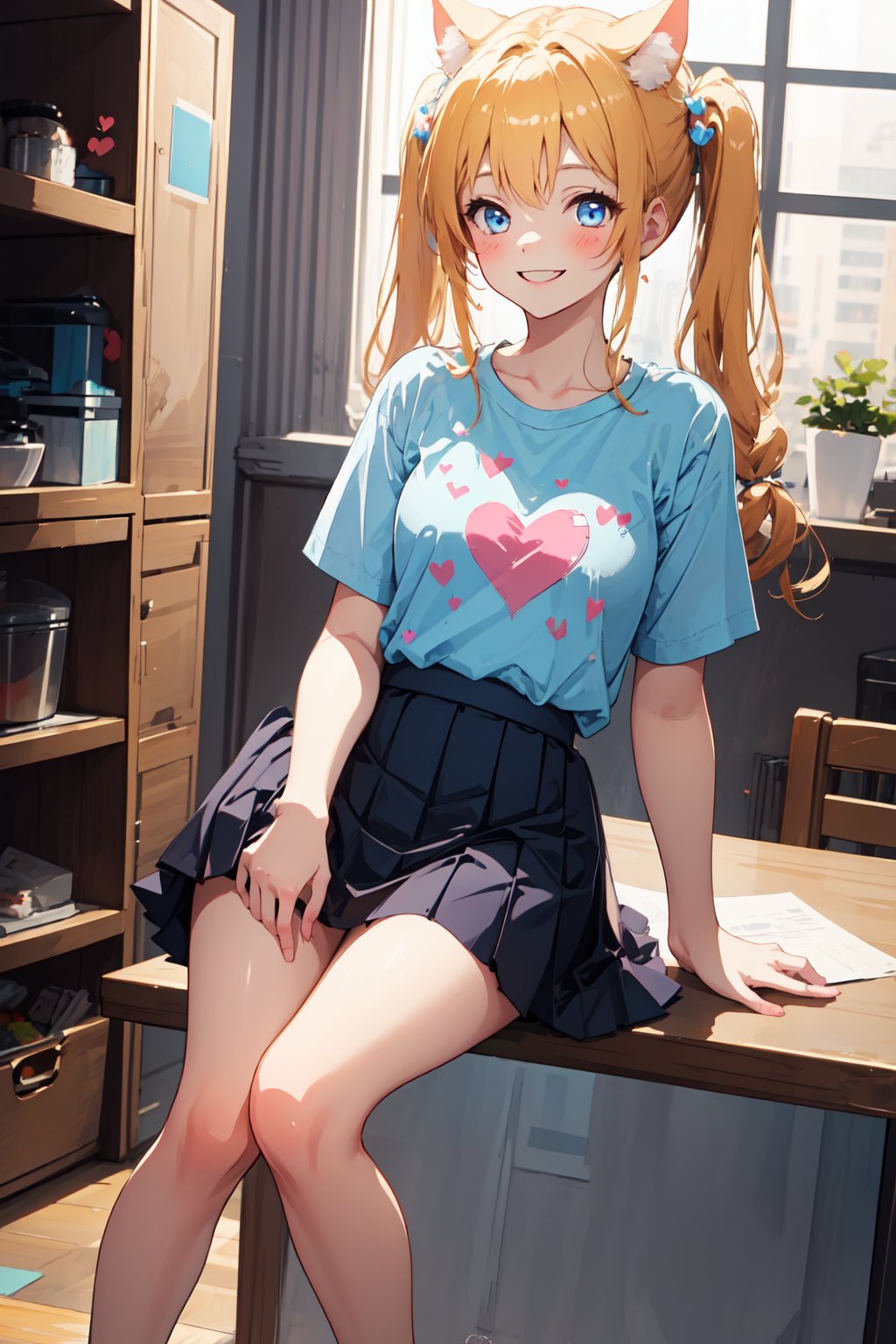 1girl, cute cat girl, room in background. she wears a light blue outfit (shirt, skirt), long blonde hair. little body, full body character. masterpiece. she is happy, smiling. twintails hairstyle, masterpiece, hearts on the sides. cat ears. looking at viewer, sitting over a table, Detailed