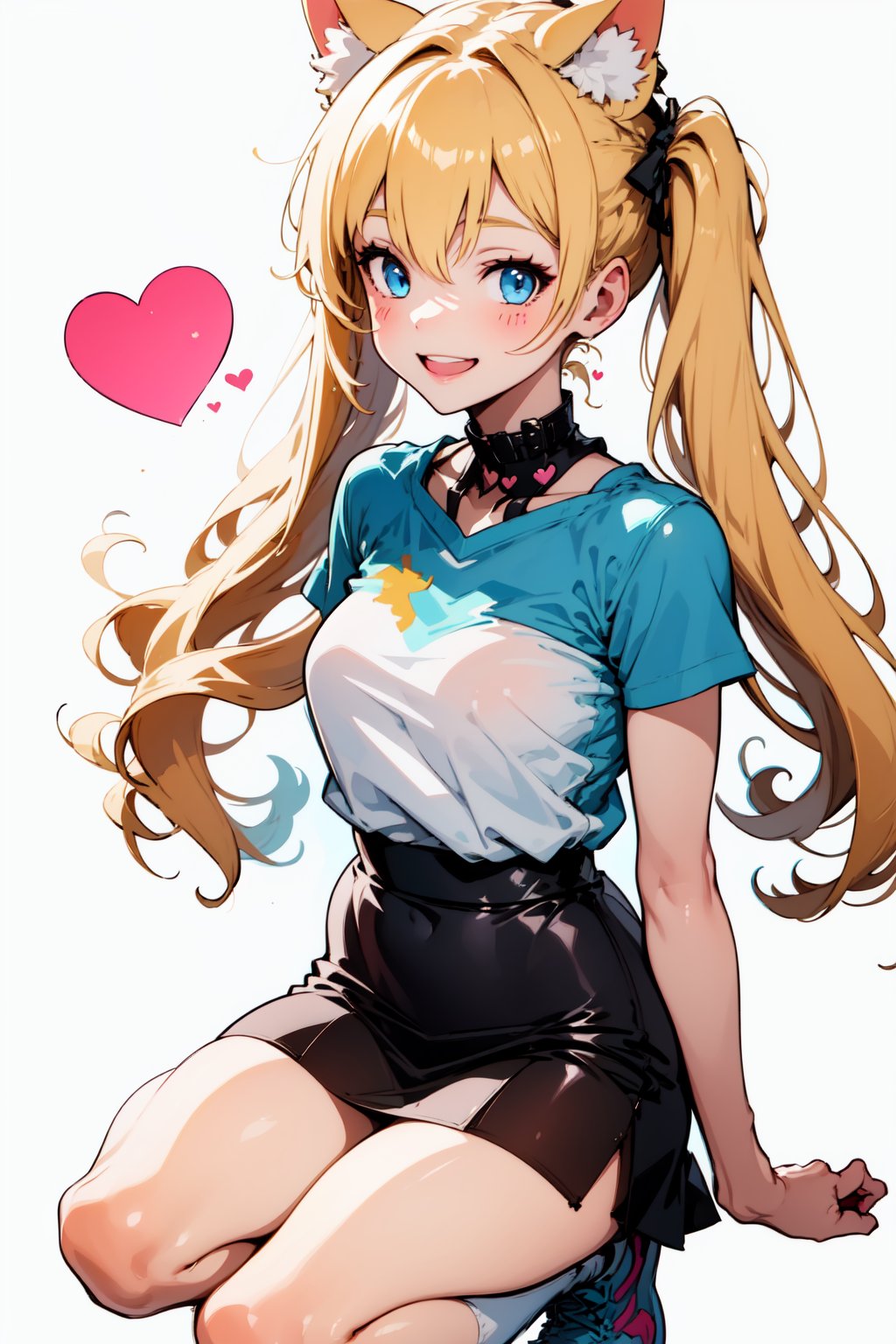 2girls, cute cat girls, White background. she wears a light blue outfit (shirt, skirt), long blonde hair. little body, full body character. masterpiece. she is happy, smiling. twintails hairstyle, masterpiece, hearts on the sides. cat ears. looking at viewer., Chibi