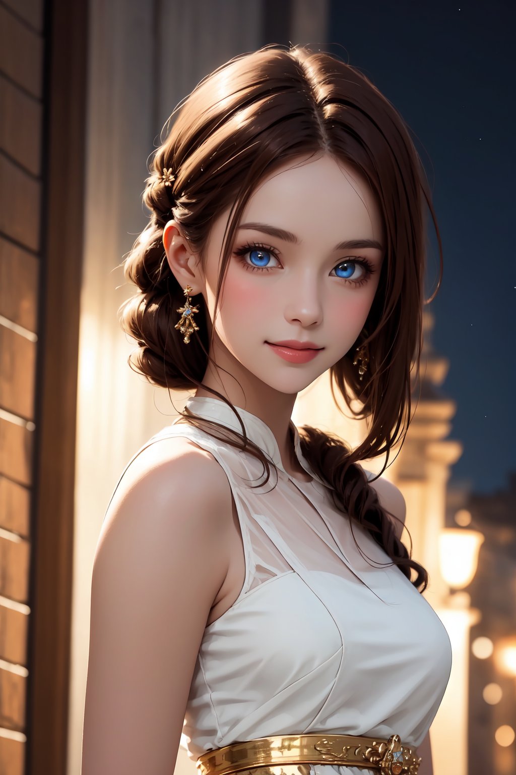 Beautiful girl. She is very badass. She's wearing a beautiful white hellenic dress. The background of the picture is a luxurious ancient city. Detailed eyes, detailed image, detailed skin; tender smile. Himecut hairstyle, light brown long hair, golden hairpin. blue eyes. Proportional and beautyful body. It's nightime.,pastelbg,Beautiful