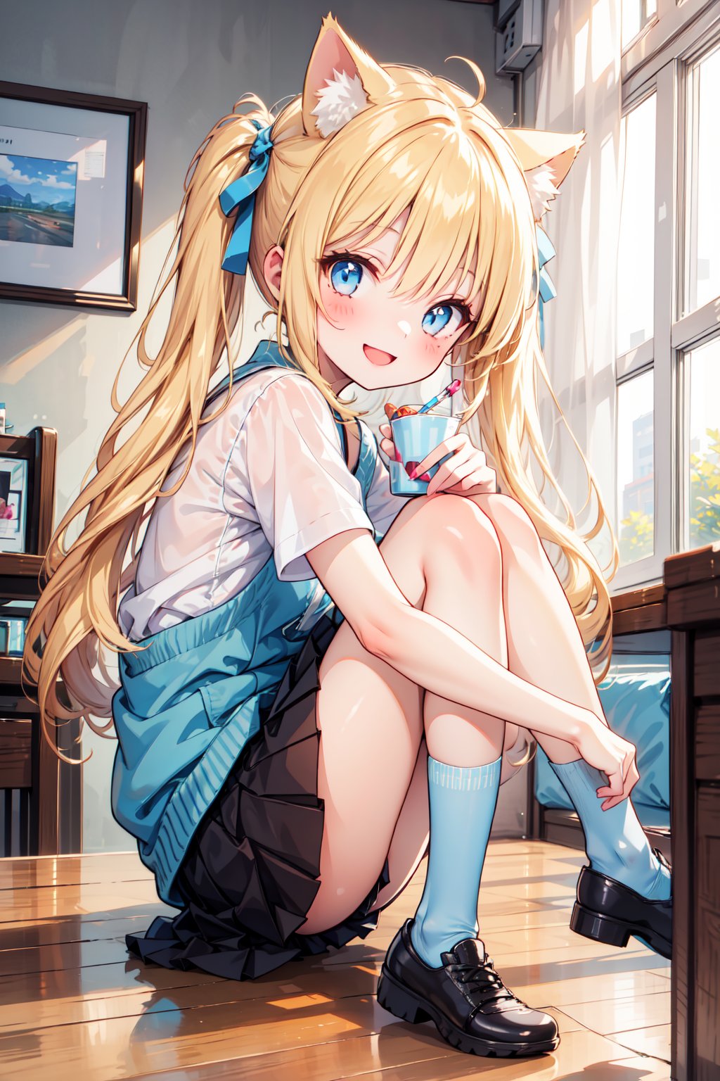 1girl, cute cat girl, room in background. she wears a light blue outfit (shirt, skirt), long blonde hair. little body, full body character. masterpiece. she is happy, smiling. twintails hairstyle, masterpiece, hearts on the sides. cat ears. looking at viewer, sitting over a table, Detailed