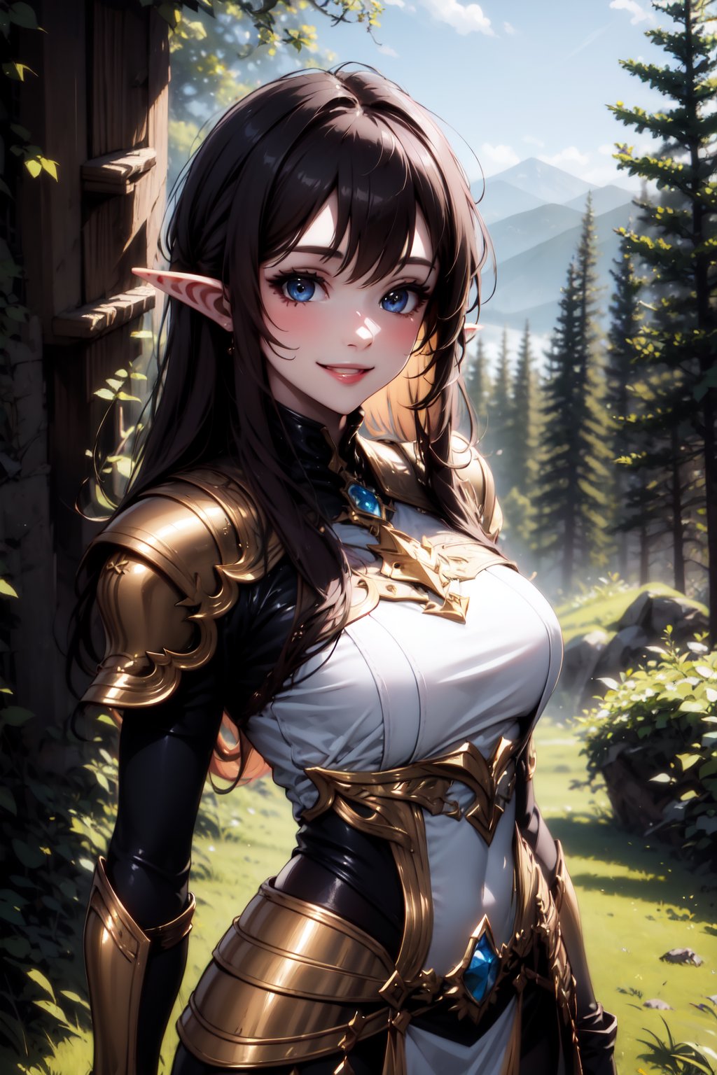 Pretty and wild elf girl. She wears a very elegant elf warrior armor. She is a very badass and cold girl. Hyperdetailing masterpiece, hyperdetailing skin, masterpiece quality, 8k resolution. Wild smile. long and messy hair, himecut hairstyle, black hair. Majestic forest in background. She belongs to the nobility. tender and charming smile.,masterpiece,Beautiful,Detail