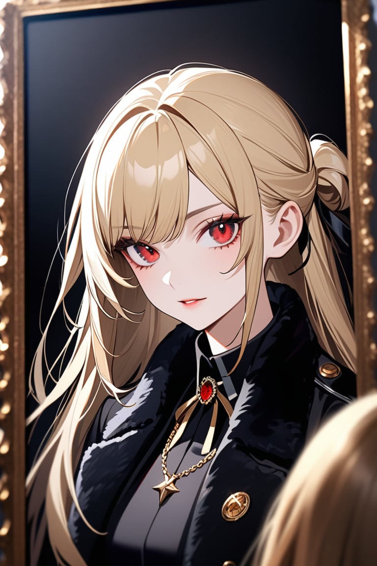 Beautiful girl. She is very badass, she wears a black schoolgirl uniform. The background of the picture is a luxurious high school, detailed image, detailed skin. Himecut hairstyle, red eyes, blonde hair.,Eyes