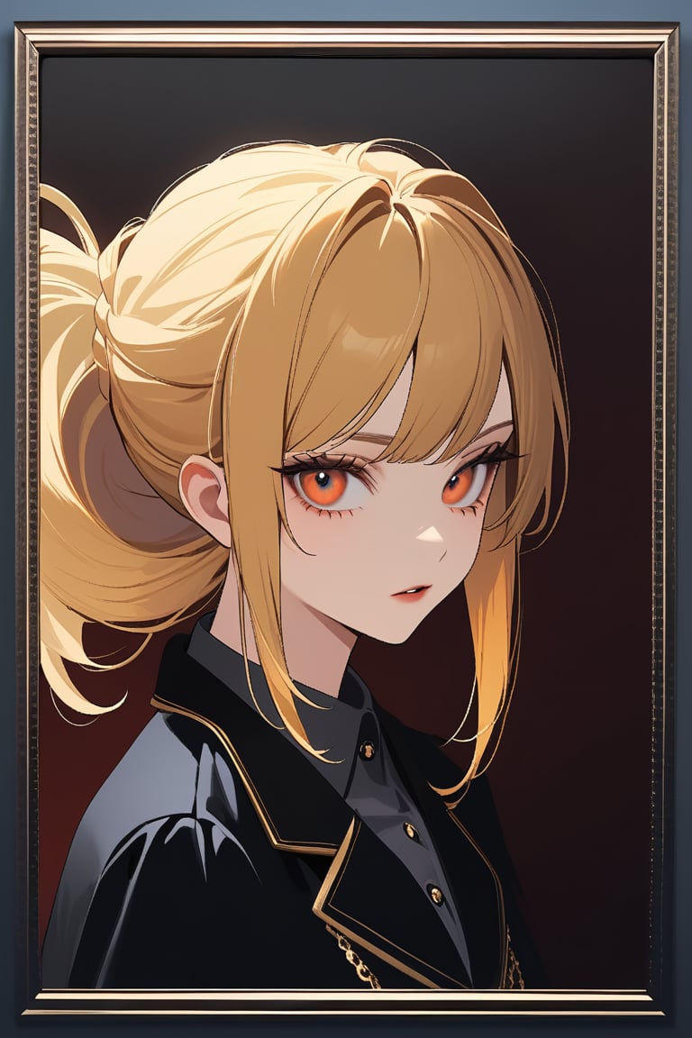 Beautiful girl. She is very badass, she wears a black schoolgirl uniform. The background of the picture is a luxurious high school, detailed image, detailed skin. Himecut hairstyle, ambar eyes, blonde hair.,Eyes