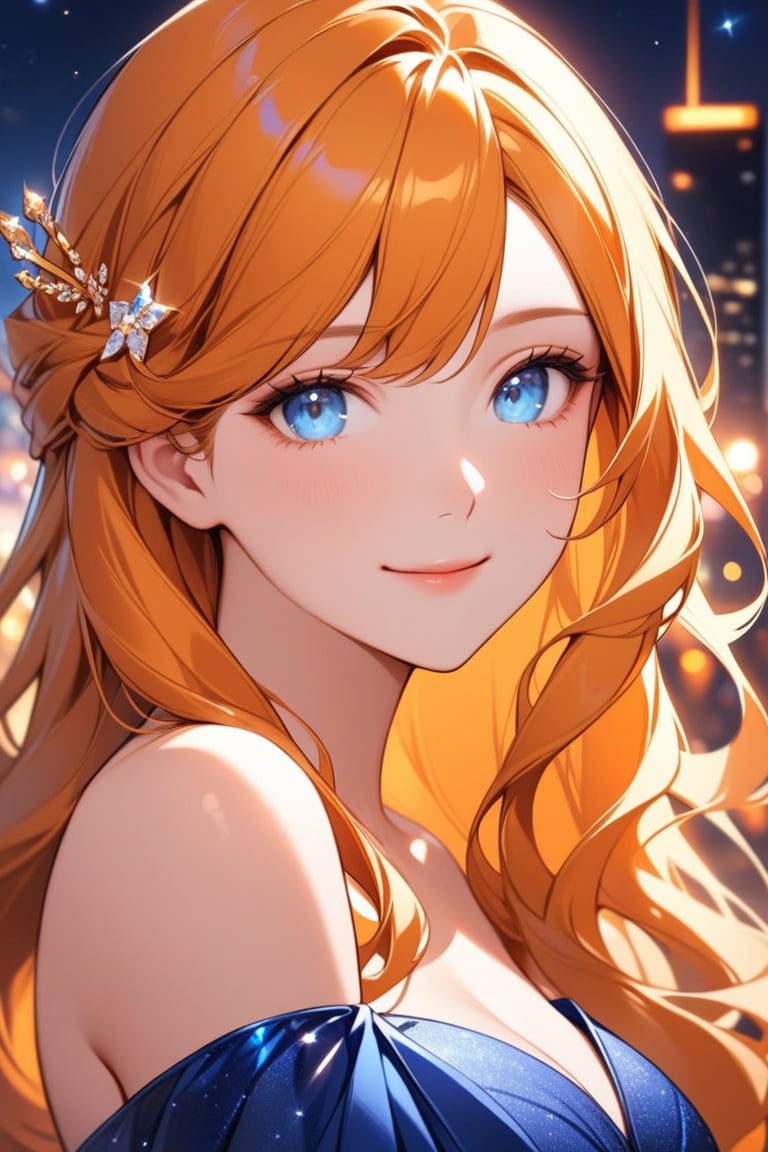 Beautiful girl. She is very badass. She's wearing a beautiful blue evening dress. The background of the picture is a luxurious city. Detailed image, detailed skin; tender smile. Himecut hairstyle, orange long hair, golden hairpin. light blue eyes. Close-up, Proportional and beautyful body. It's nightime.,Eyes
