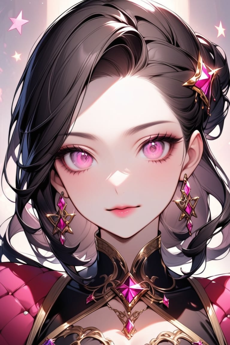 Beautiful girl. She is very badass, she wears a fancy princess dres. The background of the picture is a luxurious palace, very close-up, star symbols in the eyes, detailed image, detailed skin. Himecut hairstyle, pink eyes, black hair.,Eyes