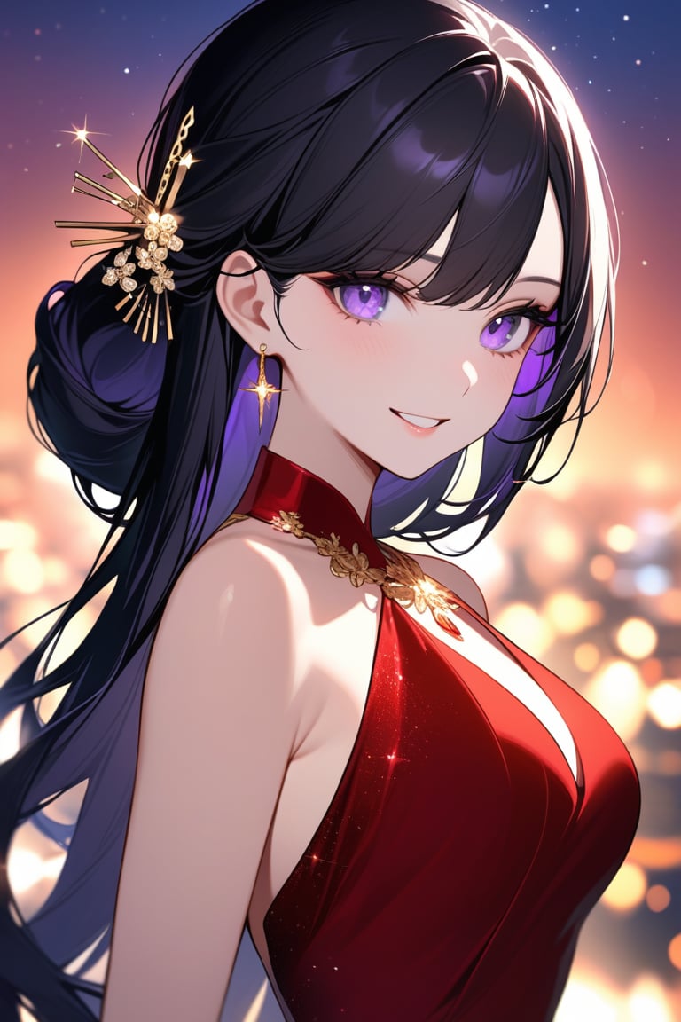 Beautiful girl. She is very badass. She's wearing a beautiful red evening dress. The background of the picture is a luxurious city. Detailed image, detailed skin; tender smile. Himecut hairstyle, black long hair, golden hairpin. purple eyes. Close up, Proportional and beautyful body. It's nightime.,Eyes