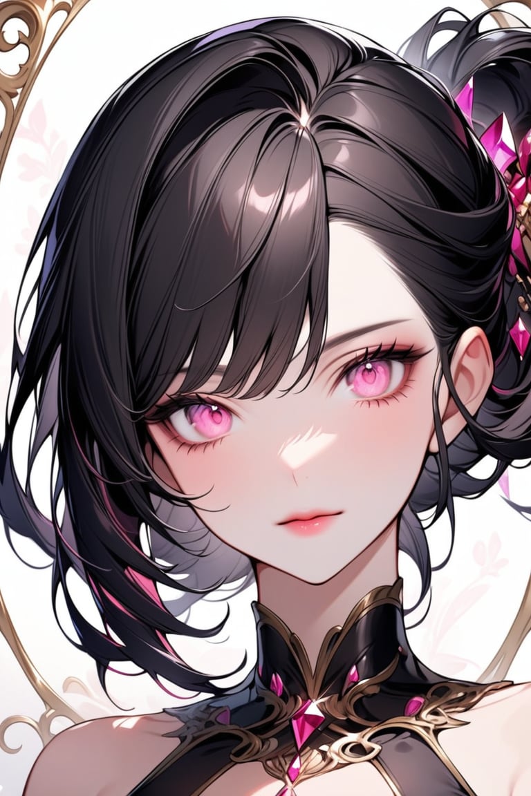 Beautiful girl. She is very badass, she wears a fancy princess dres. The background of the picture is a luxurious palace, very close-up, detailed image, detailed skin. Himecut hairstyle, pink eyes, black hair.,Eyes