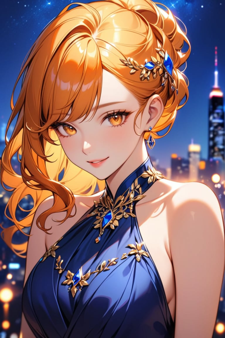Beautiful girl. She is very badass. She's wearing a beautiful blue evening dress. The background of the picture is a luxurious city. Detailed image, detailed skin; tender smile. Himecut hairstyle, orange long hair, golden hairpin. golden eyes. Close up, Proportional and beautyful body. It's nightime.,Eyes