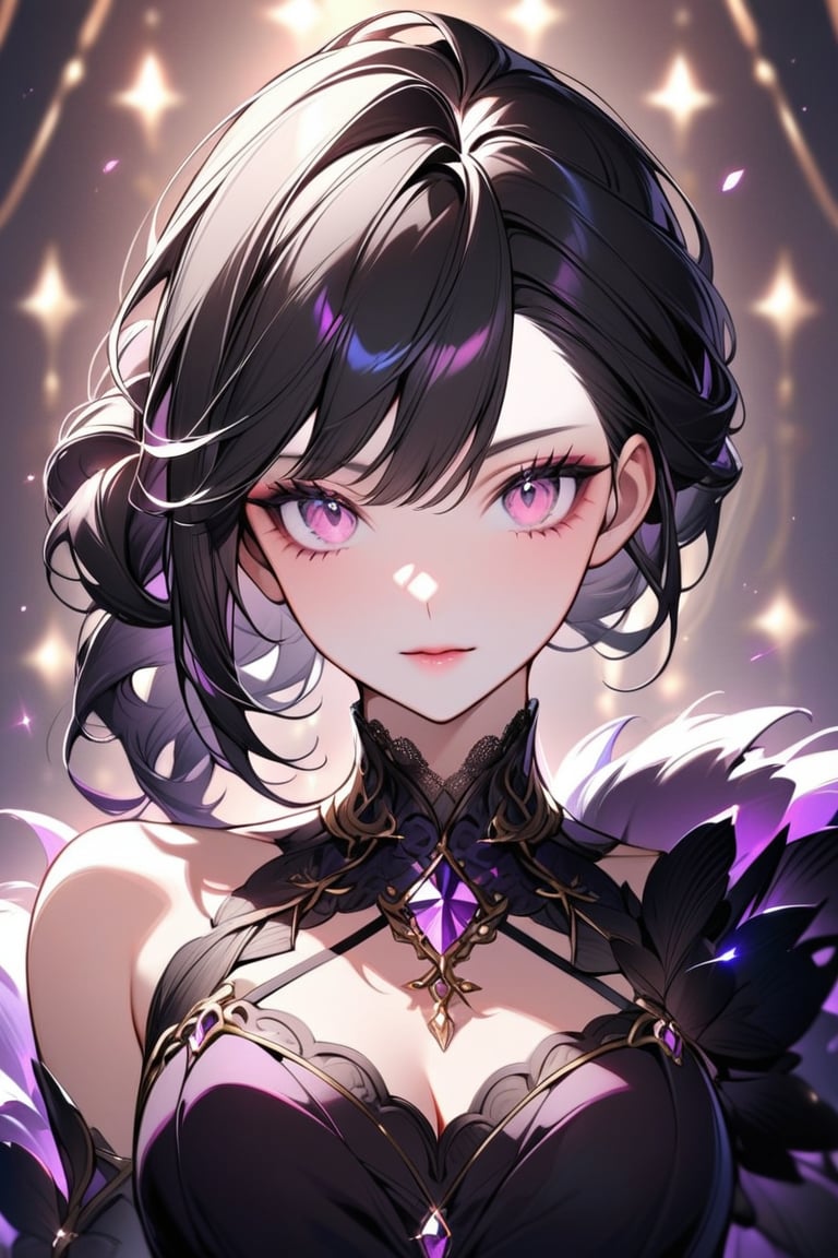 Beautiful girl. She is very badass, she wears a fancy princess dres. The background of the picture is a luxurious palace, close-up, detailed image, detailed skin. Himecut hairstyle, pink eyes, black hair.,Eyes