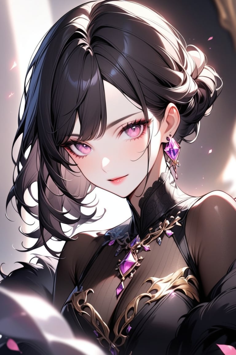 Beautiful girl. She is very badass, she wears a fancy princess dres. The background of the picture is a luxurious palace, close-up, detailed image, detailed skin. Himecut hairstyle, pink eyes, black hair.,Eyes