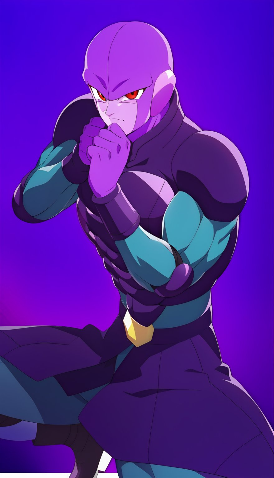 1boy, Hitto, alien, character, Anime series Dragon Ball Super, style design Akira Toriyama, male focus, hands up, frown, perfect facial features, colored skin, light_purple skin, red eyes, black belt, long black suit, teal body suit, black boots, black armor, no gloves, full body, looking at viewer, perfect lines, perfect color, perfect, hyper detailed, artstyle, official style, cartoon, Perfect proportions, Strong brightness, intricate details, vibrant colors, detailed shadows, perfect borders, PNG image format, sharp lines and borders, solid blocks of colors, over 300ppp dots per inch, (anime:1.9), 2D, High definition RAW color professional photos, photo, masterpiece, ProRAW, high contrast, digital art trending on Artstation ultra high definition detailed anime, detailed, hyper detailed, best quality, ultra high res, high resolution, detailed, sharp re, lens rich colors, ultra sharp, (sharpness, definition and photographic precision), (blur background, clean and uncluttered visual aesthetics, sense of depth and dimension, professional and polished look of the image), work of beauty and complexity. (aesthetic + beautiful + harmonic:1.5), (ultra detailed background, ultra detailed scenery, ultra detailed landscape:1.5), fidelity and precision, minute detail, clean image, exact image, polished shading, detailed shading, polychromatic tonal scale, wide tonal scale,ANIME,photorealistic,Hit