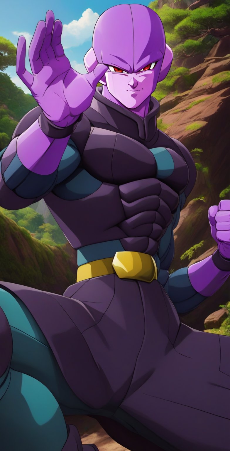 1boy, Hitto, alien, character, Anime series Dragon Ball Super, style design Akira Toriyama, male focus, full body, open hands, (arms down), frown, perfect facial features, colored skin, (light_purple skin), red eyes, black belt, long black suit, teal body suit, black boots, black armor, no gloves,  looking at viewer, perfect lines, perfect color, perfect, hyper detailed, artstyle, official style, cartoon, Perfect proportions, Strong brightness, intricate details, vibrant colors, detailed shadows, perfect borders, (forest background), 



PNG image format, sharp lines and borders, solid blocks of colors, over 300ppp dots per inch, (anime:1.9), 2D, High definition RAW color professional photos, photo, masterpiece, ProRAW, high contrast, digital art trending on Artstation ultra high definition detailed anime, detailed, hyper detailed, best quality, ultra high res, high resolution, detailed, sharp re, lens rich colors, ultra sharp, (sharpness, definition and photographic precision), (blur background, clean and uncluttered visual aesthetics, sense of depth and dimension, professional and polished look of the image), work of beauty and complexity. (aesthetic + beautiful + harmonic:1.5), (ultra detailed background, ultra detailed scenery, ultra detailed landscape:1.5), fidelity and precision, minute detail, clean image, exact image, polished shading, detailed shading, polychromatic tonal scale, wide tonal scale,ANIME,photorealistic,Hit,Dragon