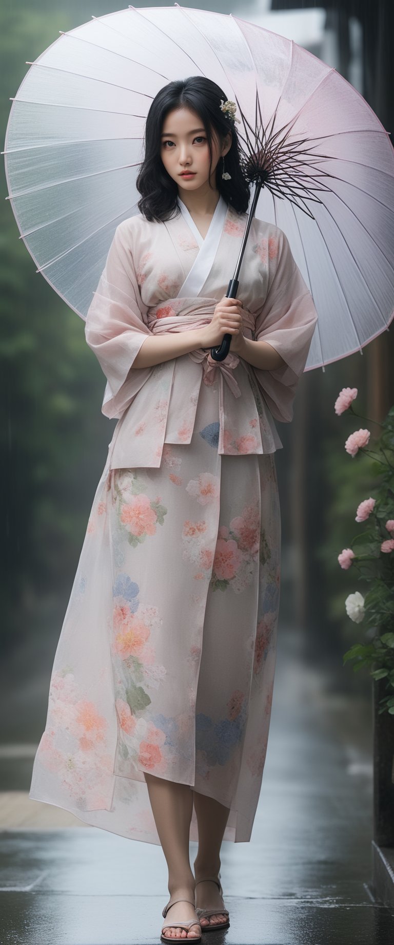 masterpiece, best quality, masterpiece, best quality, official art, extremely detailed, full body, looking at viewer, 1 korean girl, 20 years old, female solo, black hair, blush, flirtatious eyes, hair accessory, half length sleeve, holding an umbrella, standing in the rain, flower, outdoors, japanese clothes, hair flowers, kimono, blur, obi, colored skin, umbrella, obi, floral print, sandals, realistic, tabi socks, oil paper umbrella, japanese street, photo background, kanzashi
, ct-goeuun