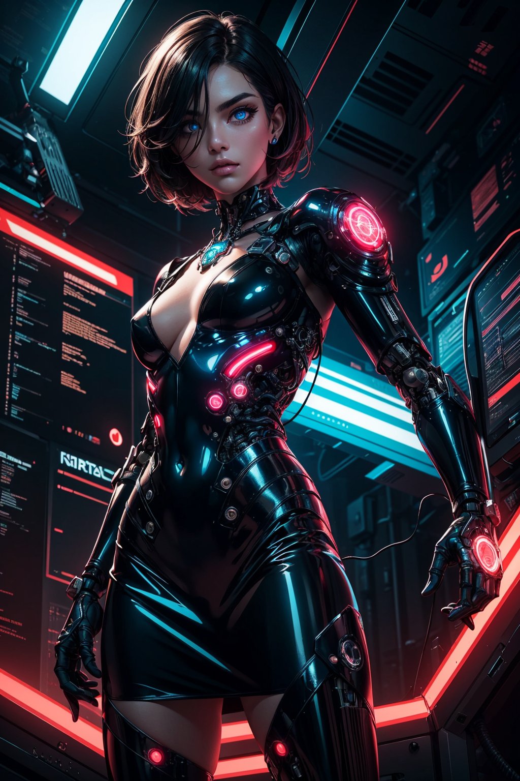 full body of cyborg lady, cybernetic jaw, mechanical parts, white shirt, unbottoned, black latex skirt, metal skin, glowing red eyes, cables, wires, black hair, simple backgroundmasterpiece, best quality, realistic, ultra highres, depth of field, (full dual colour neon lighting:1.2), (detailed face:1.2), (detailed eyes:1.3), (detailed background:1.2), (mountain:1) (masterpiece:1.2), (ultra detailed), (best quality), intricate, comprehensive cinematic, magical photography, (gradients), colorful, detailed landscape, visual key, shiny skin