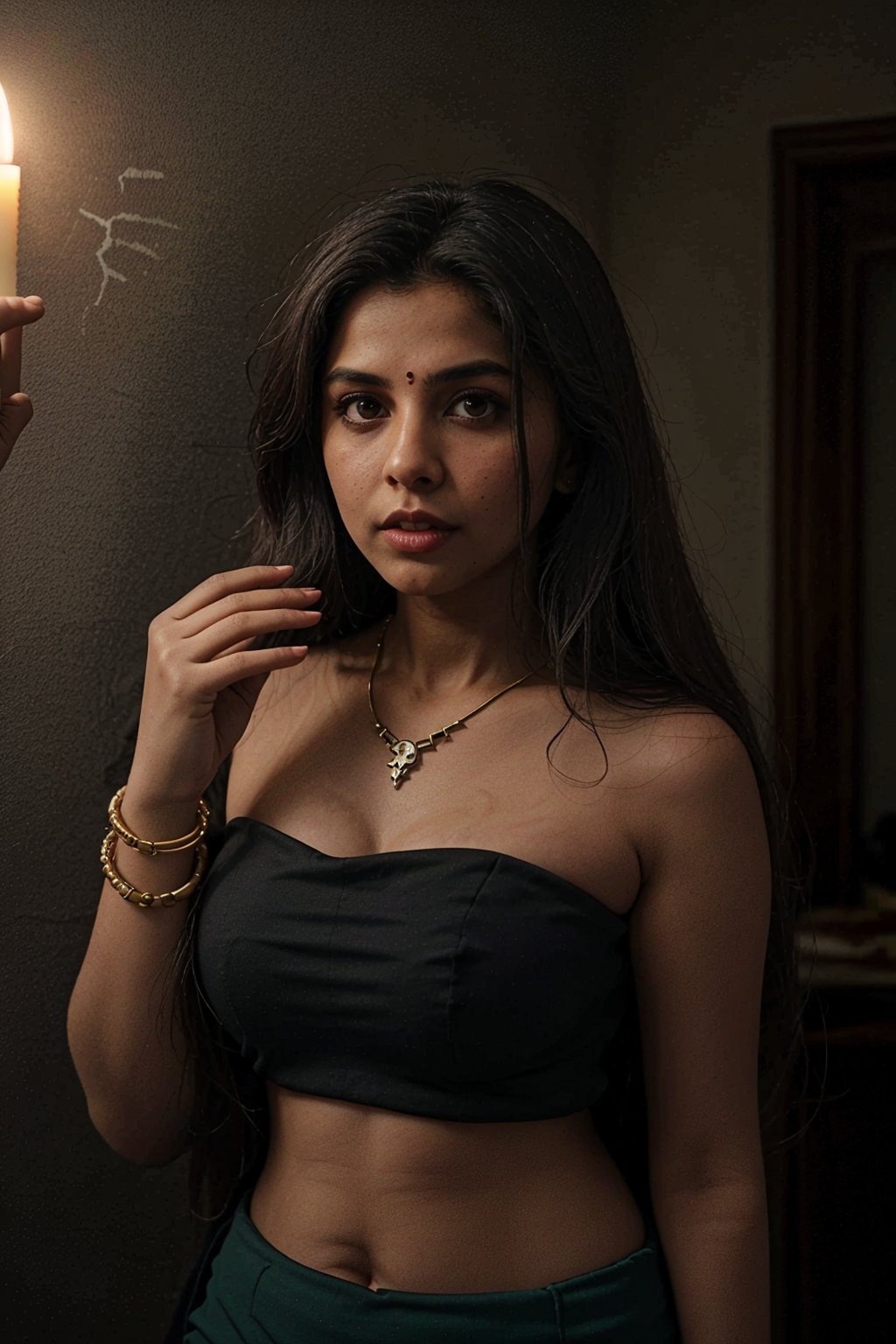A skull in half face, Gosht, horror atmosphere, 1girl, solo, long hair, brown hair, black hair, royale  Casil, goddess, saree, jewelry, standing,indoors, dark skin, hand up, dark background, low light, necklace, bracelet, dark-skinned female, realistic, candle, sarong, candlelight, traditional, , Dark_Mediaval,tan