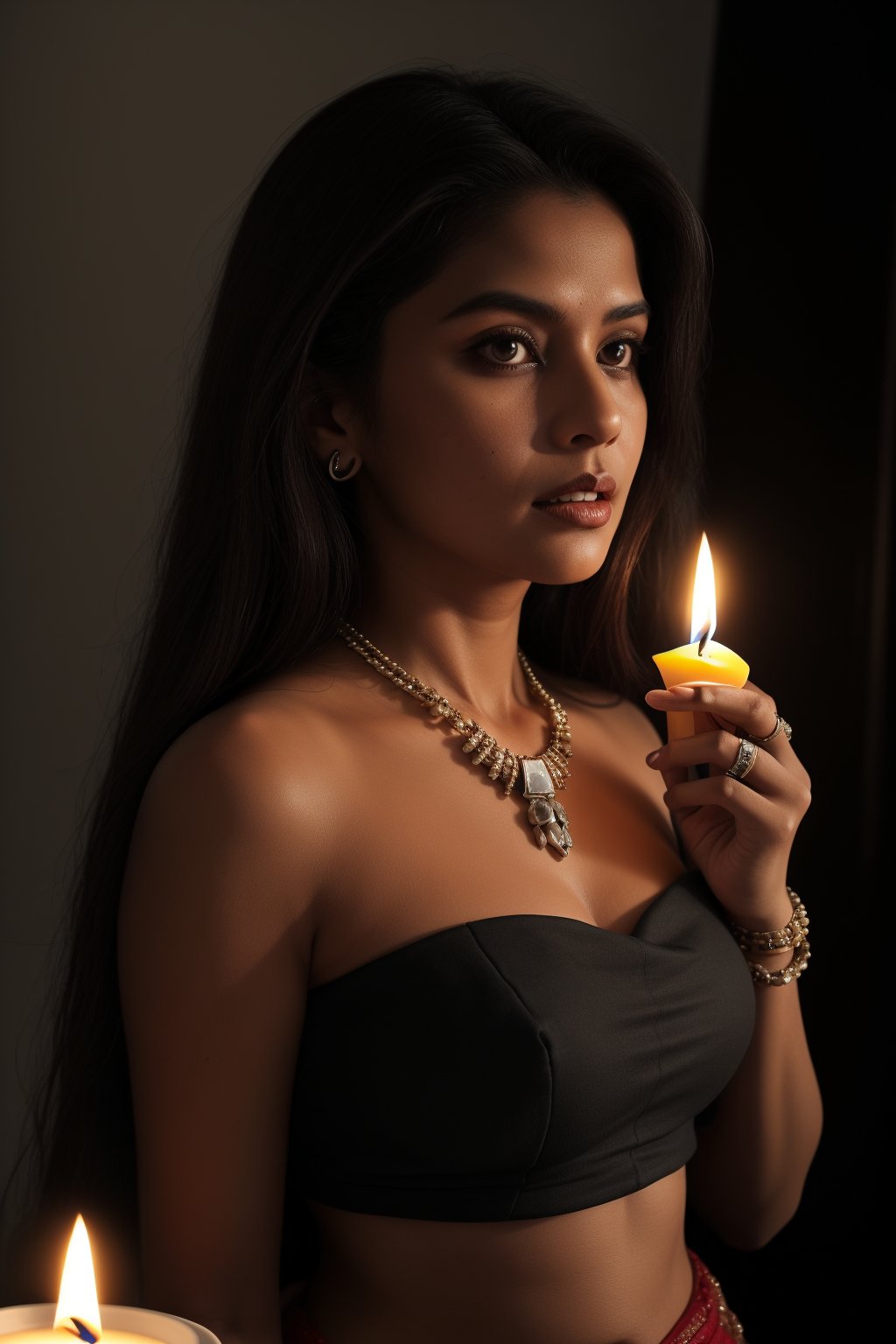 A skull in half face, Gosht, horror atmosphere, 1girl, solo, long hair, brown hair, black hair, royale  Casil, goddess, saree, jewelry, standing,indoors, dark skin, hand up, dark background, low light, necklace, bracelet, dark-skinned female, realistic, candle, sarong, candlelight, traditional, , Dark_Mediaval,tan,photorealistic
