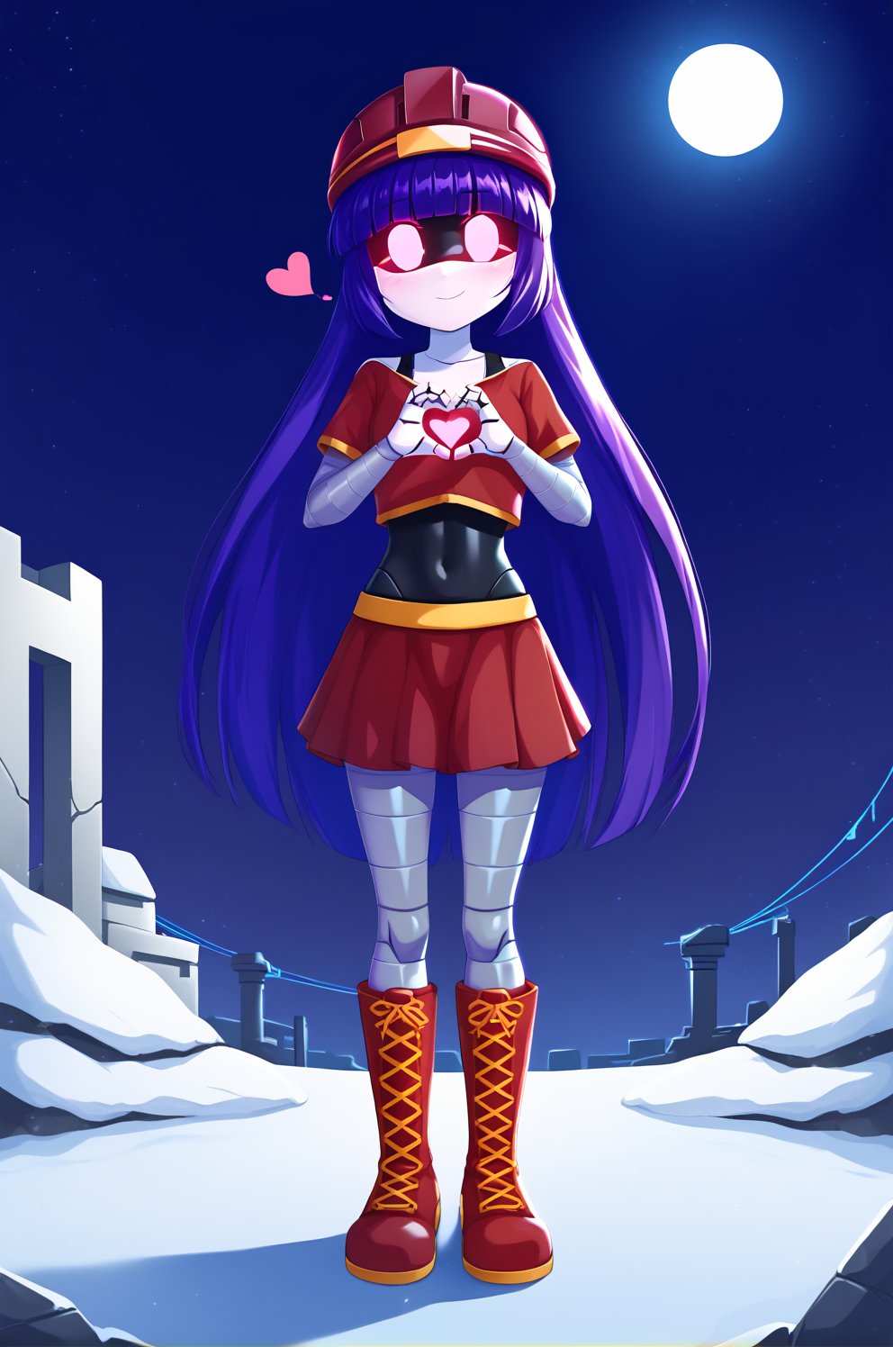 score_9, score_8_up, score_7_up, source_anime, 
BREAK, 
MD-Doll, 1girl, solo, android, red helmet, long purple hair, red crop top, black tank top, red skirt, red boots, robot, joints, mechanical arms, mechanical legs, 
BREAK, 
heart_hands, hands doing a heart, looking at viewer, standing, full body, 
BREAK, 
outdoors, city, ruins, snow, night, dark, 
(cinematic lighting, dramatic lighting, dark lighting), 
BREAK, 
masterpiece, epic, brutal, best quality