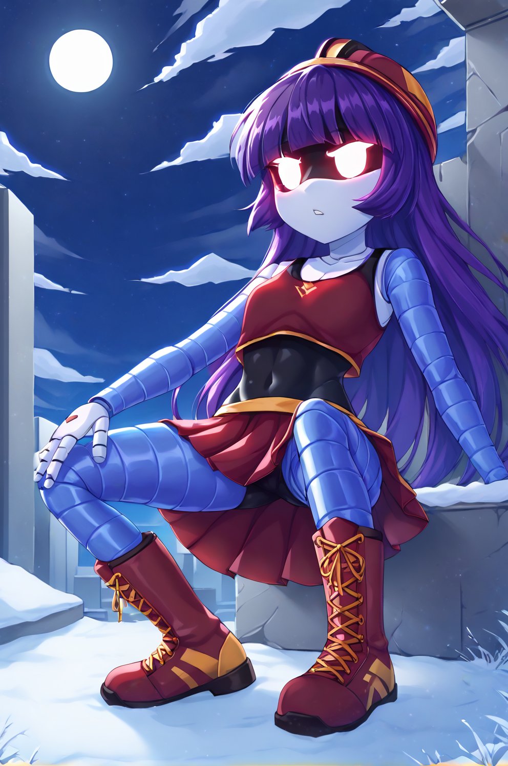 score_9, score_8_up, score_7_up, source_anime, 
BREAK, 
MD-Doll, 1girl, solo, android, red helmet, long purple hair, red crop top, black tank top, red skirt, red boots, robot, joints, mechanical arms, mechanical legs, 
BREAK, 
(heart hands:1.3), looking at viewer, standing, full body, 
BREAK, 
outdoors, city, ruins, snow, night, dark, 
(cinematic lighting, dramatic lighting, dark lighting), 
BREAK, 
masterpiece, epic, brutal, best quality