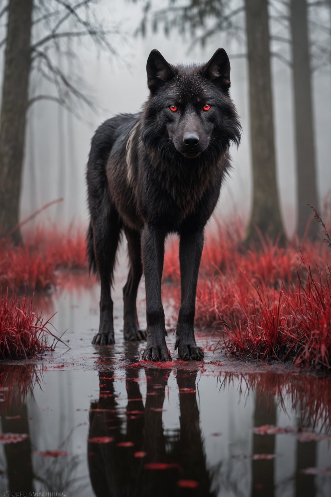 photo, portrait of a black wolf with red eyes, swamp, fog, refecting puddles, awardwinning