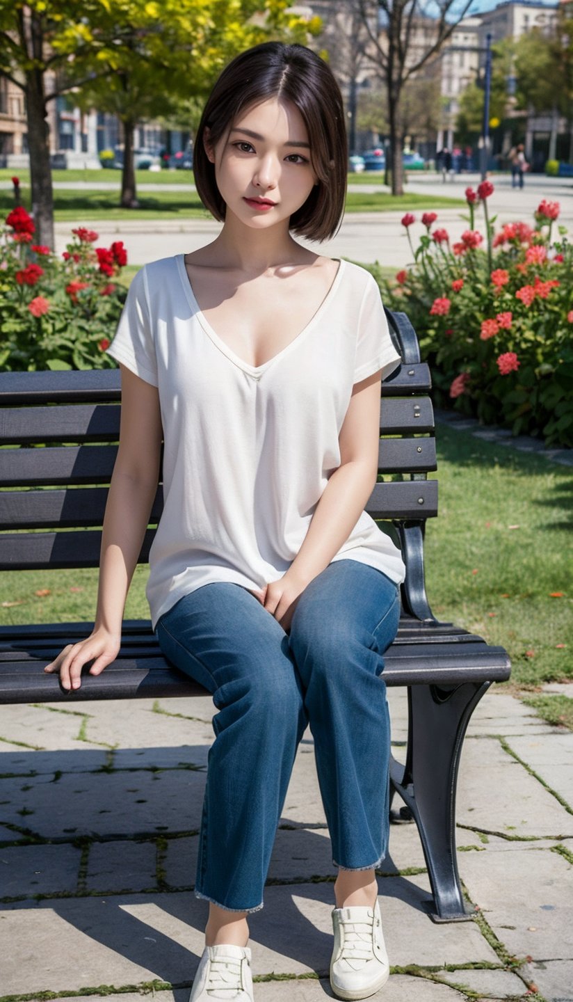 (best quality, masterpiece:1.2),ultra detailed,(photo realistic:1.4),1girl,sit on the bench,Park_Bench_background