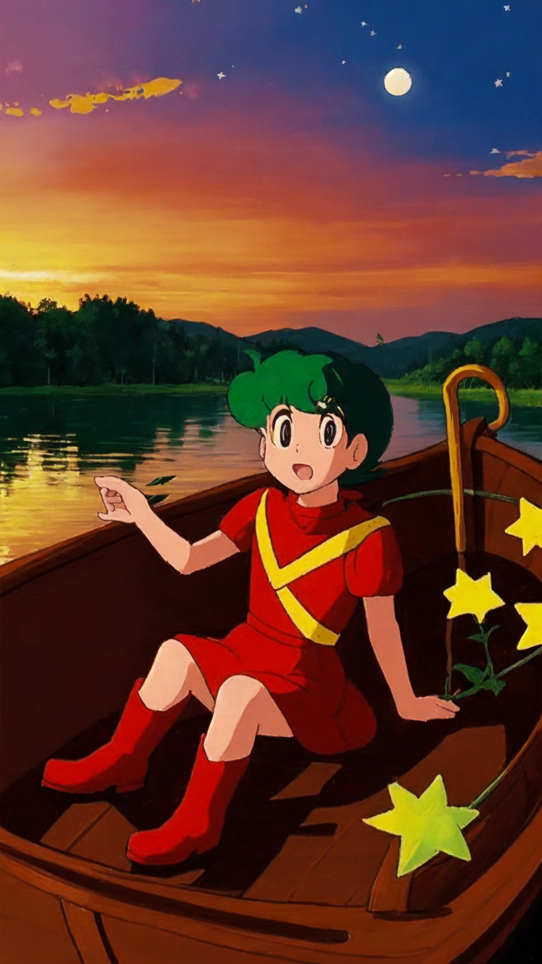 kuremu, green hair, short hair, blue eyes, red short dress, red short boots,
in dusk, in sunset, sitting on Gourd-type boat, in lake, star-type leaf, falling star-type leaf,