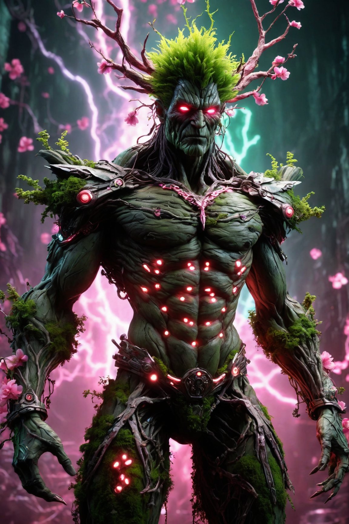 (The king),(Cyberpunk Treeman),metal leaves,wired branches,glowing light eyes,mechanical bark,with moss-covered bark,tribe outfit,(ancient tribal markings),control tendrils extending from the arms,Neon lights dancing on the body,(Lightning around branches and leaves),(peach blossom),Soft and delicate petals,vivd colour,(A harmonious blend of green and pink),(Ominous dark clouds in the sky),Night atmosphere,A futuristic,Vivid colors and high-contrast lighting,Dramatic shadows and highlights.(best quality, 4k, 8k, masterpiece: 1.2), ultra fine, (realistic, photo realistic, photo realistic: 1.37)

