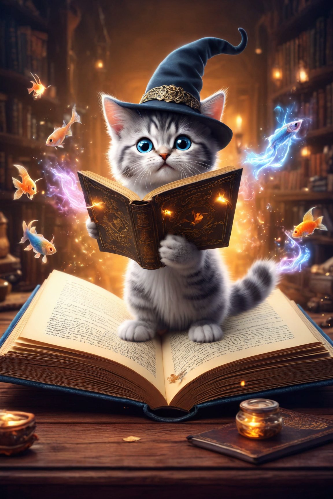 amazing quality, masterpiece, best quality, hyper detailed, ultra detailed, UHD, perfect anatomy, magic world, (kitten and fish:1.4), fish in the air, spell magic to get fresh fish as food,( fish jumping from magic book:1.3), energy flow, a full body of a cute kitten, kawaii, wearing witches robe, witches hat, holding magic book, magic book on one hand, spell magic, , hkmagic, , , , extremely detailed, glowneon, glowing,
