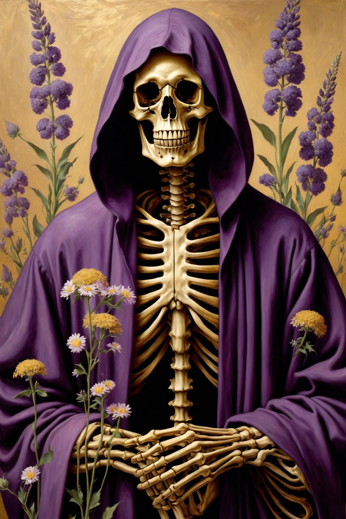 masterpiece, skeleton in a dark purple robe,hooded, light gold- colored beige background wildflowers, Natural Lighting Artists: Monet, Rene Magritte, Sandro Botticelli, Colors: Gold and purple
