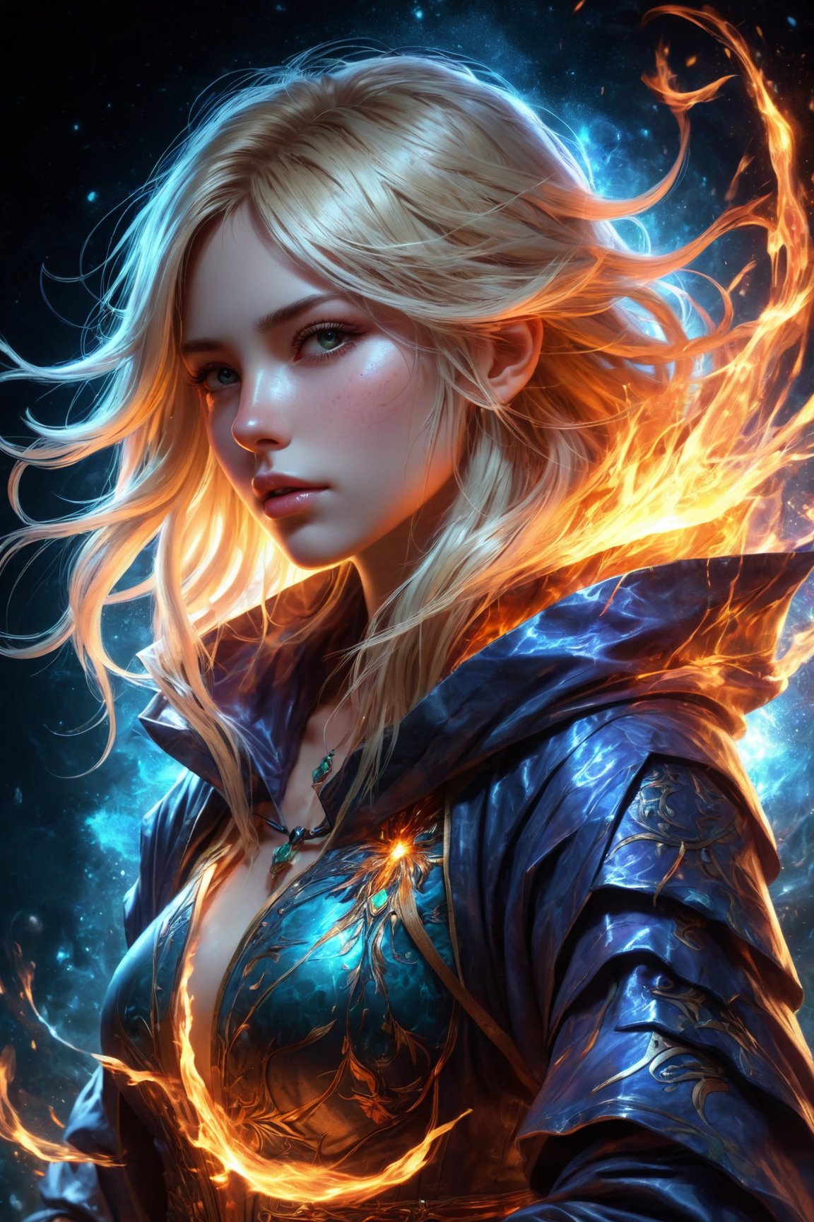 Masterpiece, Female Mage, hooded, blonde hair, hidden in the shadows, each hand creating fiery magic, brilliant brilliant colors, completely in frame, FULL BODY, radiating electric energy , shoulder length messy hair, Full body, Beautiful Anime waifu style girl, super detailed painting, illuminism, art by Carne Griffiths and Wadim Kashin concept art, 8k resolution, detail bioluminescent fractal isometric, 3d rendered, octane rendered, intricately detailed, cinematic, trending on the art station Awesome full-color, hand-drawn, hyper-realistic Isometric Centered cover, gritty, realistic, complex, impressive definition, cinematic, rough sketches, bold lines, on paper, vivid, epic, extremely high quality model
